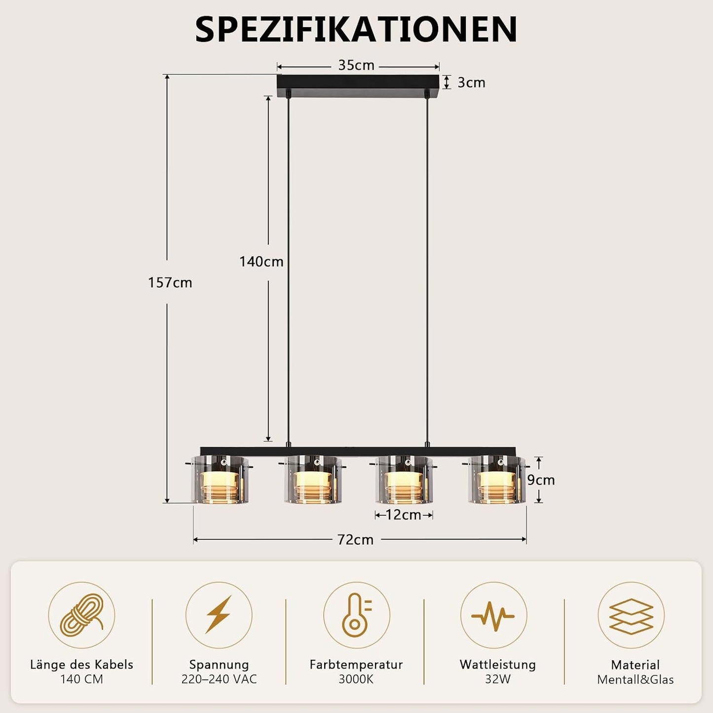 ZMH Pendelleuchte Esstisch Hängelampe Glas