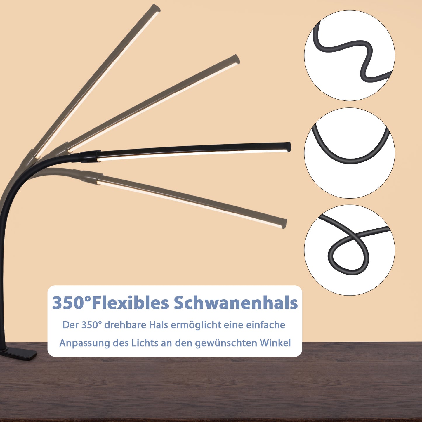 ZMH Schreibtischlampe LED Klemmbar - Schreibtischleuchte Schwarz 3 Farben und 5 Helligkeitsstufen USB 5W Tageslichtlampe Augenschutz Schwanenhals Tischlampe f¨¹r B¨¹ro Arbeitszimmer Schneider