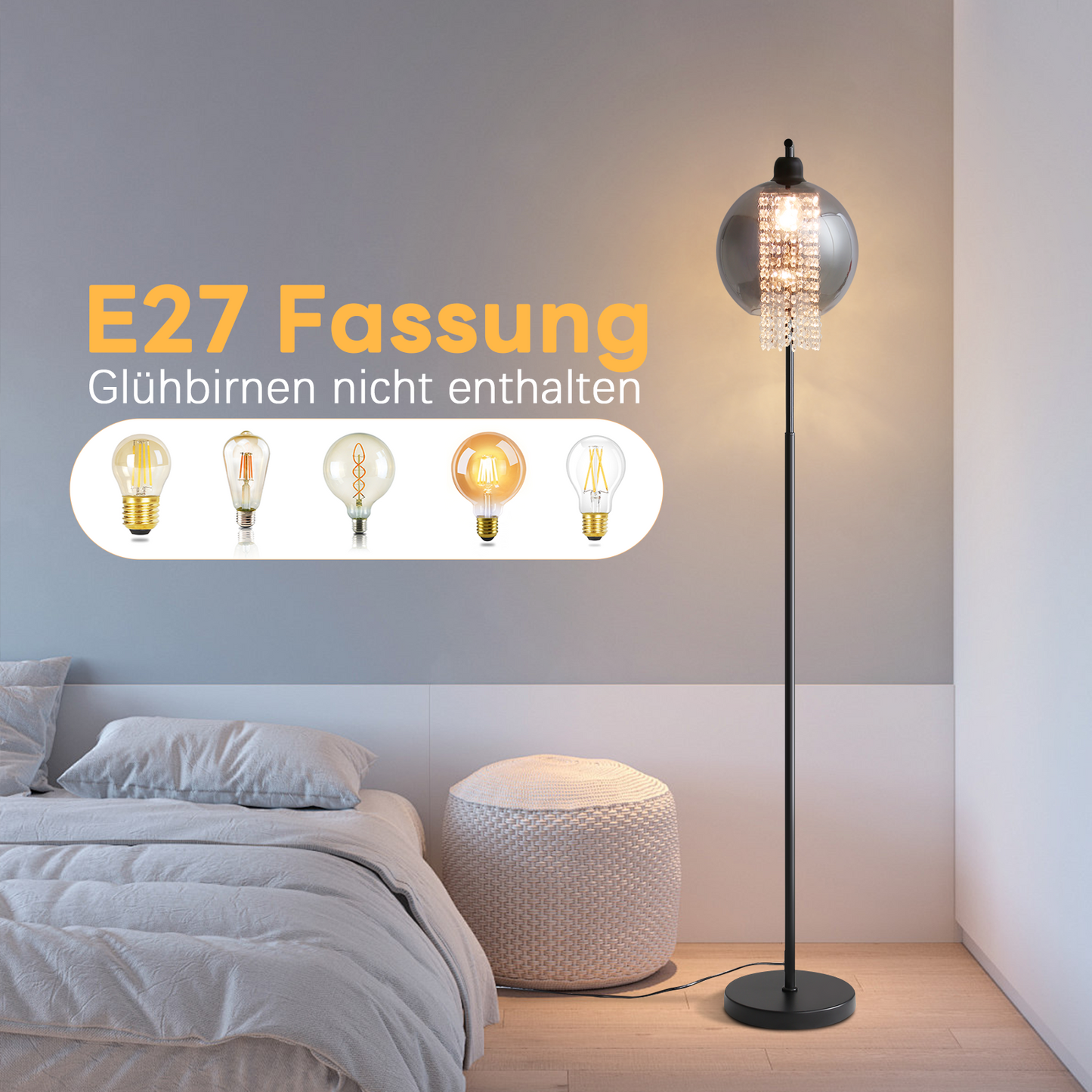 ZMH Stehlampe Wohnzimmer Stehleuchte Schlafzimmer - E27 Standleuchte Rauchgrau Gro? Standlampe Modern mit Fu?schalter Design Glaskugel Glas Kristall f¨¹r B¨¹ro Sofa Kinderzimmer Hotel(Ohne Leuchtmittel)