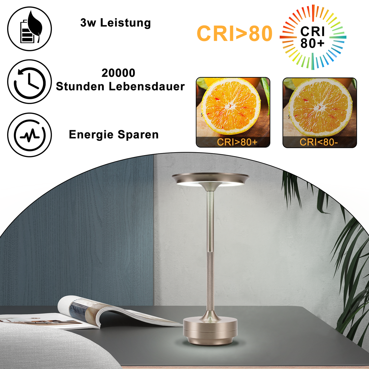 Nachttischlampe Kabellos Tischlampe Akku - LED Tischleuchte Touch Dimmbar Lampe mit USB Aufladbar Batterie Tischlampen Nickel f¨¹r Modern Fensterbank Wohnzimmer Kinderzimmer Schlafzimmer