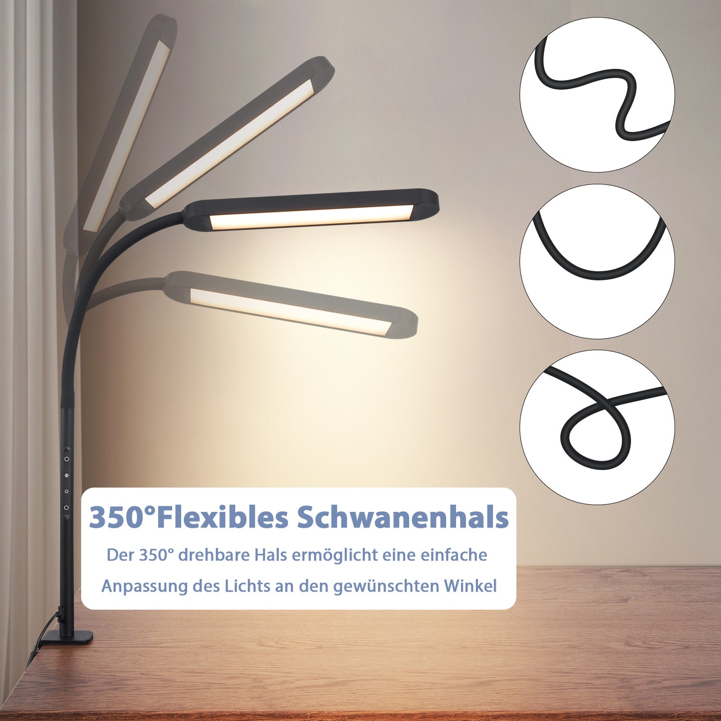 ZMH Schreibtischlampe LED Klemmbar - Dimmbar Schreibtischleuchte Schwarz 5 Farben und 5 Helligkeitsstufen 11W Tageslichtlampe Augenschutz Schwanenhals Tischlampe f¨¹r B¨¹ro Arbeitszimmer Schneider