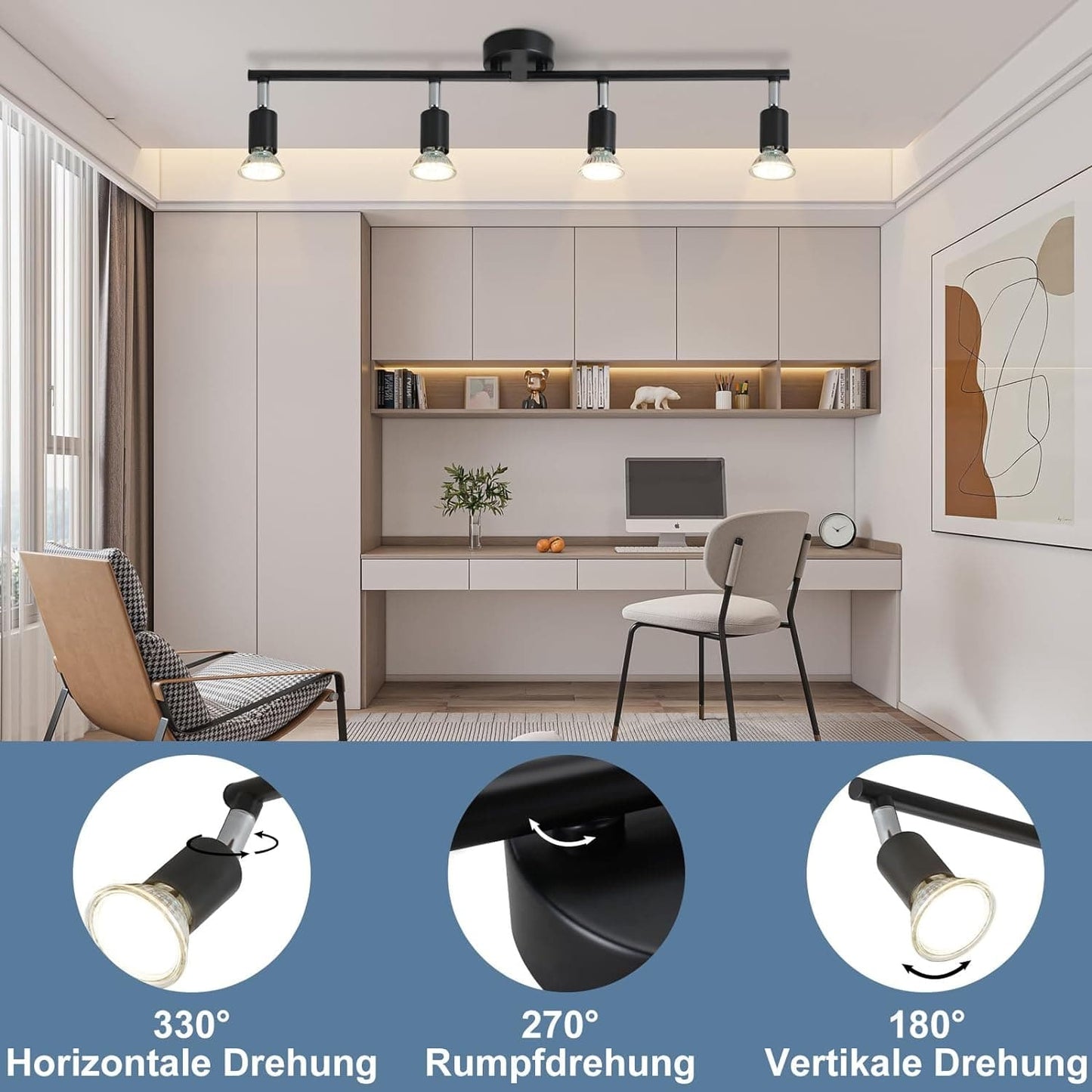 ZMH LED Deckenstrahler 4 Flammig Wohnzimmer - Schwarz Deckenleuchte Modern Deckenlampe GU10 Deckenspot Schwenkbar 350¡ãDrehbar Spot Strahler Decke Schlafzimmer K¨¹che Flur Ohne Leuchtmittel