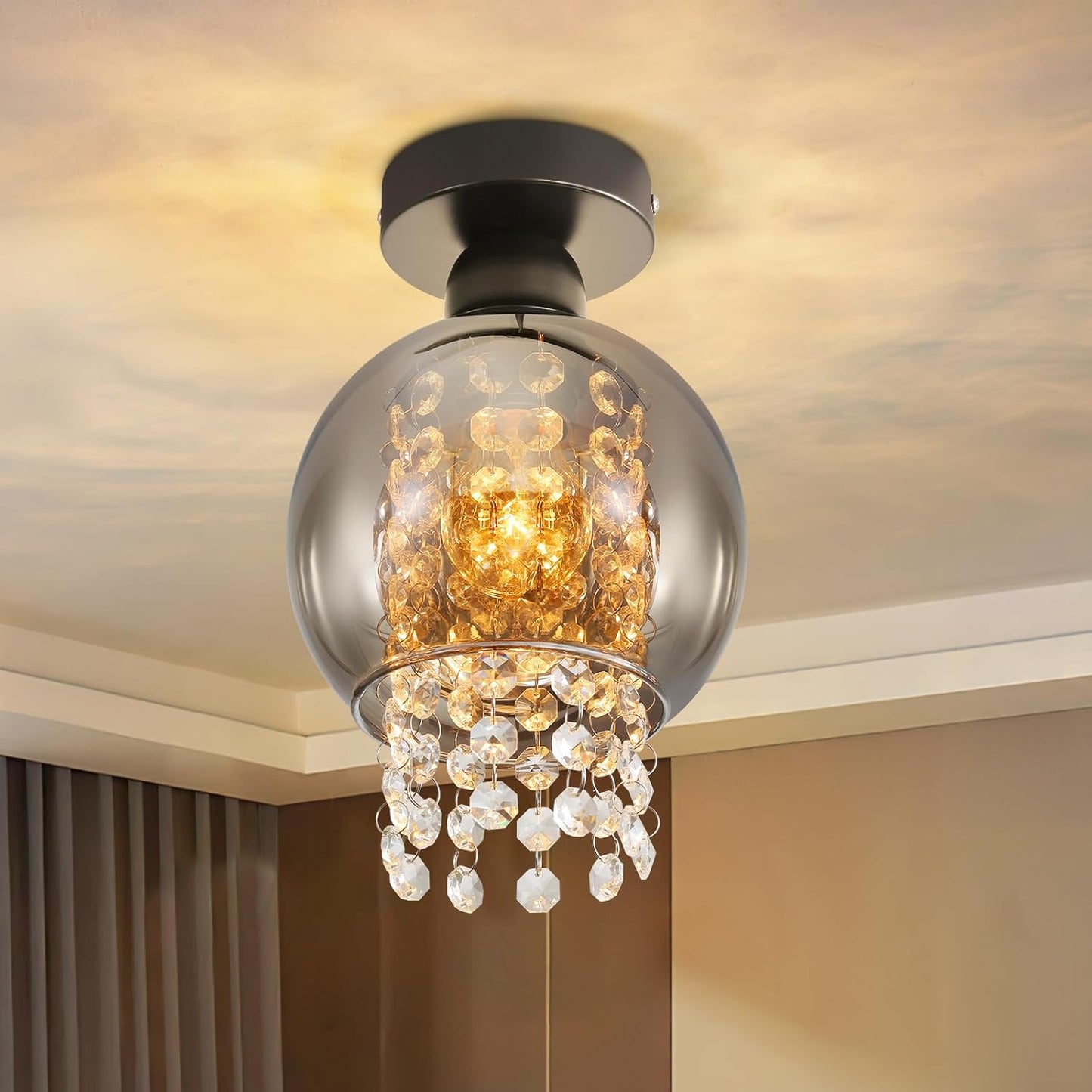 Deckenlampe Schlafzimmer Deckenleuchte Flur - Flurlampe Glas E27 Schlafzimmerlampe Rauchgrau Modern 1 Flammig Deckenbeleuchtung Esszimmer Kugel K¨¹chenlampe Kristall f¨¹r K¨¹che(ohne Leuchtmittel)