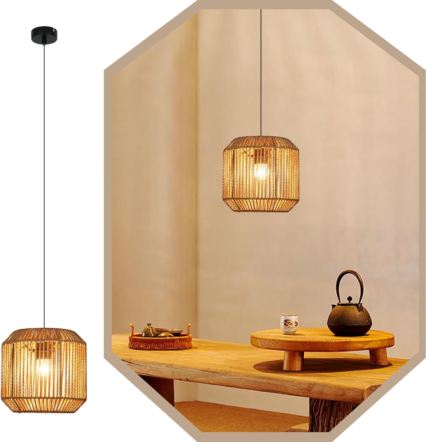 Pendelleuchte Esstisch H?ngelampe Vintage - Pendellampe Esszimmer 1 Flammig Esstischlampe Hanfseil Laterne Design E27 H?ngeleuchte f¨¹r Schlafzimmer Wohnzimmer Flur(Ohne Leuchtmittel)