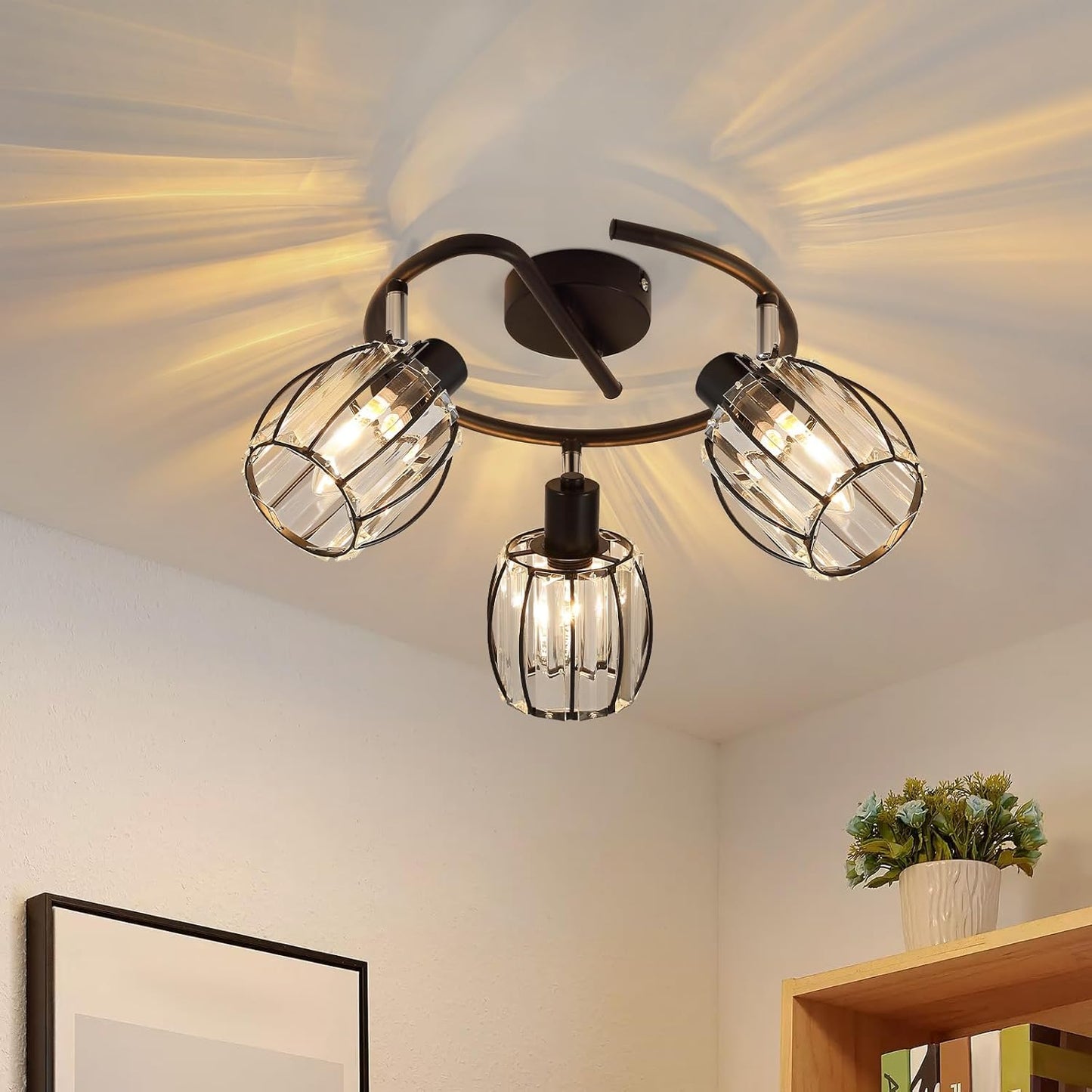 ZMH Deckenstrahler 3 Flammig Deckenlampe Vintage - Deckenspot Kristall Lampenschirm Schwarz Rund Retro Strahler E14 Schwarz 350¡ãSchwenkbar K¨¹chenlampe f¨¹r Wohnzimmer Flur (Ohne Leuchtmittel)