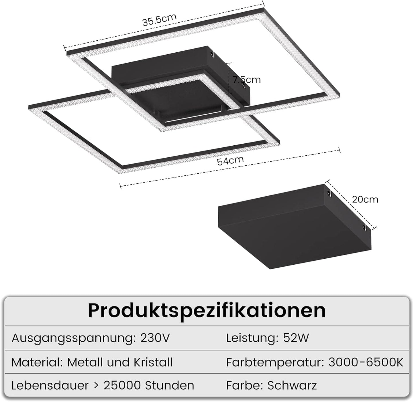 ZMH Deckenlampe LED Wohnzimmer Deckenleuchte: Dimmbar Schwarz Wohnzimmerlampe mit Fernbedienung Schlafzimmerlampe Modern Design K¨¹chenlampe 52W Flurlampe f¨¹r Schlafzimmer K¨¹che Flur Esszimmer