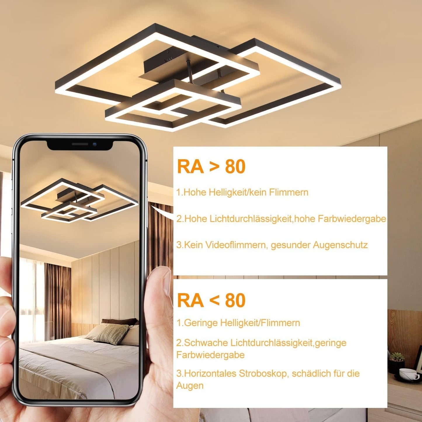 ZMH LED Deckenlampe Dimmbar Wohnzimmer Deckenleuchte - Schwarz Gro? Wohnzimmerlampe Modern Design Schlafzimmerlampe mit Fernbedienung aus Metall Deckenbeleuchtung f¨¹r Esszimmer K¨¹che Schlafzimmer