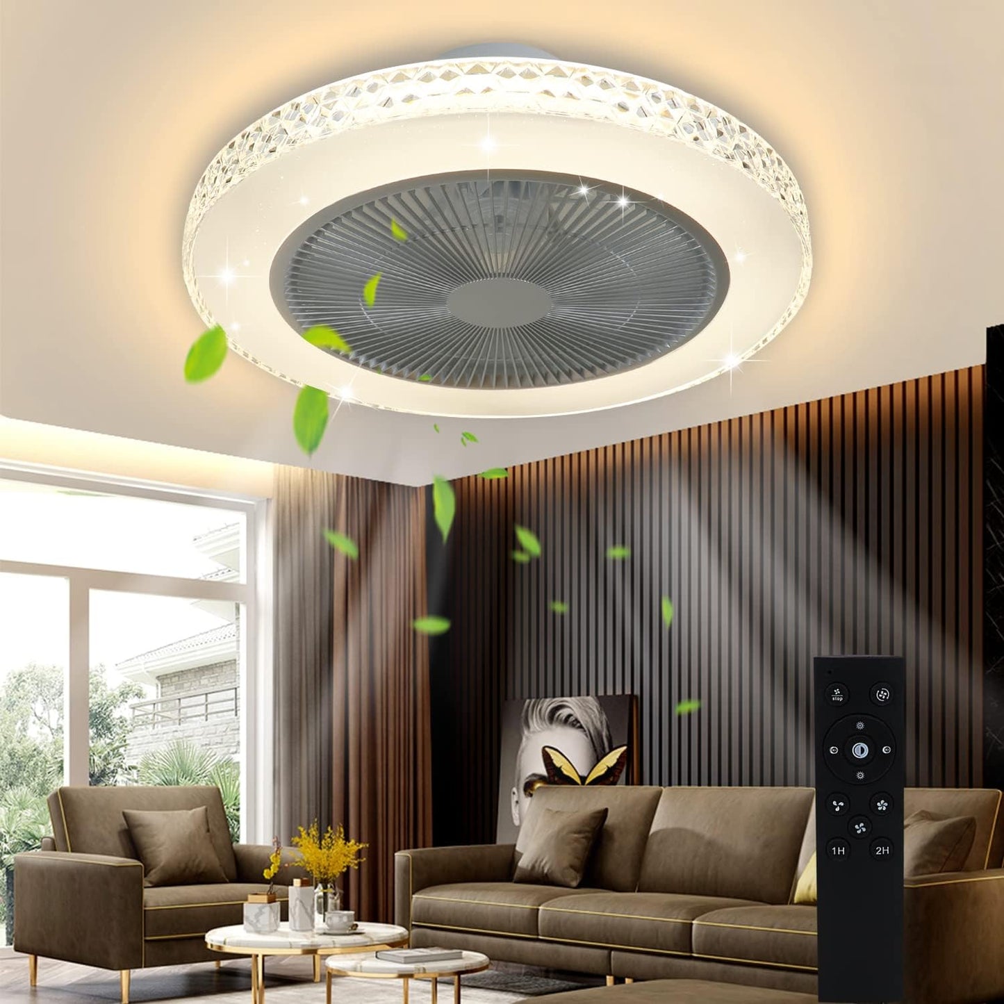 ZMH Deckenventilator Mit Beleuchtung und Fernbedienung Leise - 48.5CM LED Deckenlampe Dimmbar Wohnzimmer Ventilator Timing Deckenleuchte Fan Kristall Sommer-/Winter f¨¹r Schlafzimmer Esszimmer