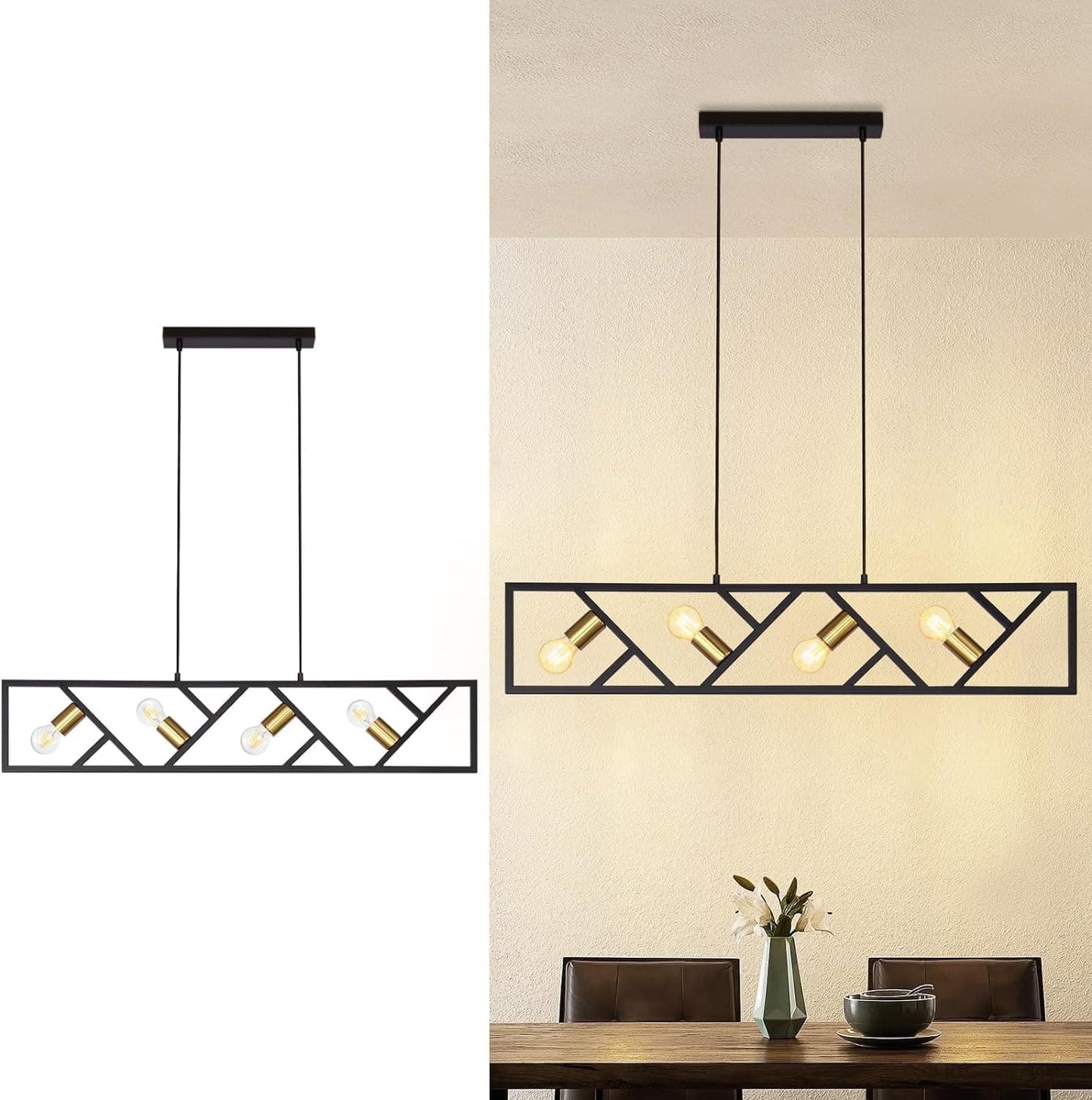 ZMH Pendelleuchte Esszimmer H?ngelampe 4 Flammig - H?ngeleuchte Schwarz Vintage E27 H?ngend Eckig Modern Pendellampe H?henverstellbar Metall f¨¹r Wohnzimmer Schlafzimmer Arbeitszimmer K¨¹che