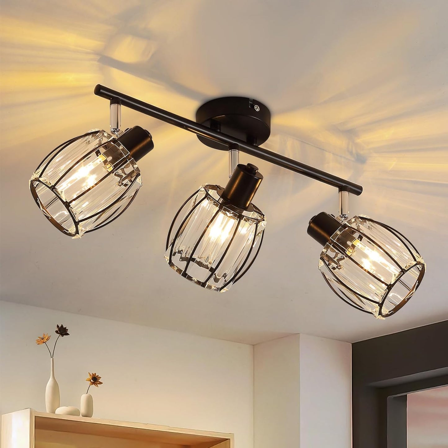 ZMH Deckenstrahler 3 Flammig Deckenleuchte Vintage - Deckenlampe Kristall Lampenschirm E14 Schwarz Retro Deckenspot 350¡ãSchwenkbar Strahler f¨¹r K¨¹che Wohnzimmer (Ohne Leuchtmittel)