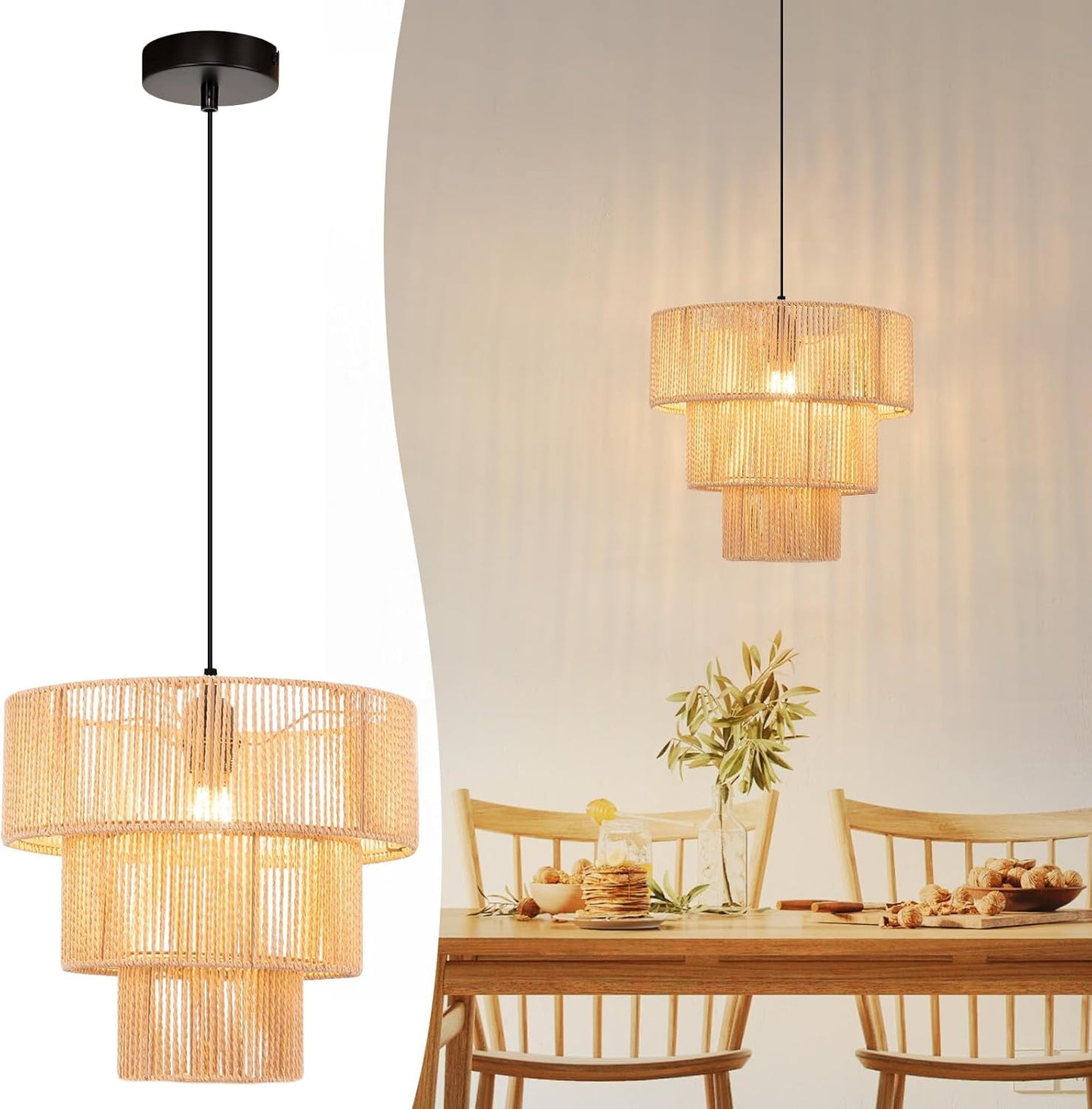 ZMH H?ngelampe Esstisch Pendelleuchte Wohnzimmer: Rattan Boho H?ngeleuchte Schlafzimmer ?35cm Esstischlampe H?ngend 1-flammig Esszimmerlampe E27 Pendellampe f¨¹r K¨¹che Flur Bar Resturant