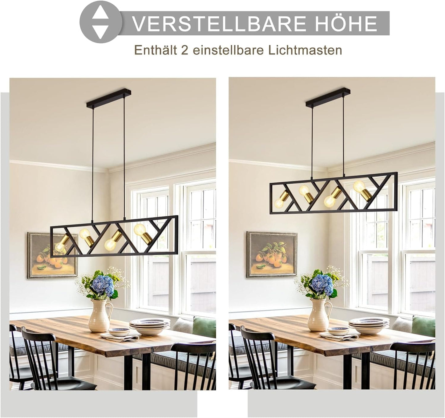 ZMH Pendelleuchte Esszimmer H?ngelampe 4 Flammig - H?ngeleuchte Schwarz Vintage E27 H?ngend Eckig Modern Pendellampe H?henverstellbar Metall f¨¹r Wohnzimmer Schlafzimmer Arbeitszimmer K¨¹che