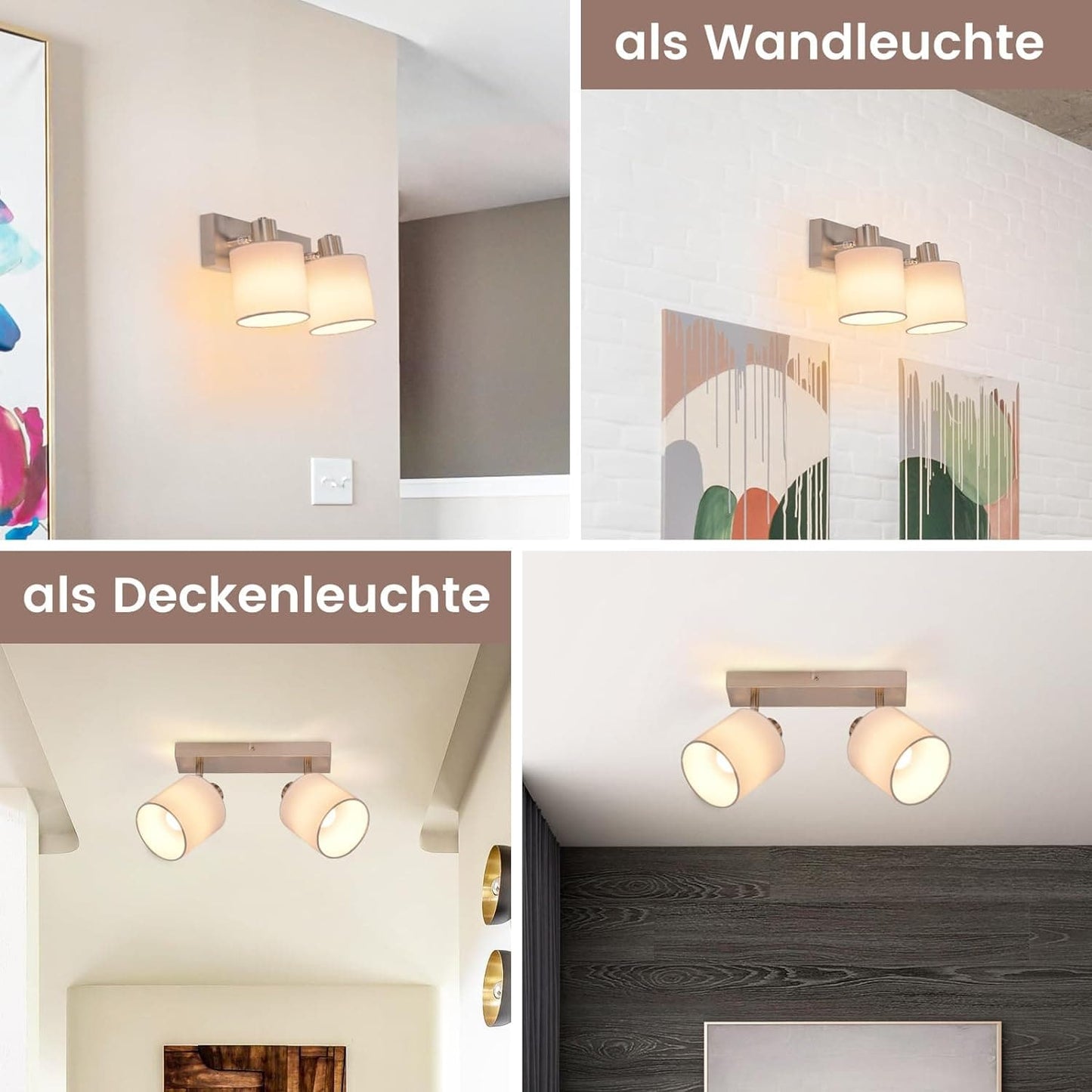 ZMH Deckenlampe 2 Flammig Deckenstrahler Flur - Deckenleuchte Modern Deckenspot E14 Silber Schwenkbar 350¡ã MAX.40W K¨¹chelampe Stoffschrim f¨¹r Wohnzimmer Schlafzimmer