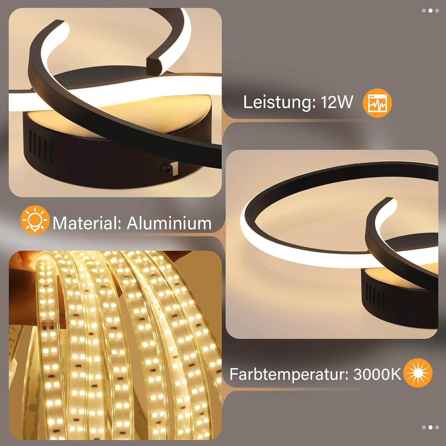 ZMH Deckenleuchte Wohnzimmer Deckenlampe Schlafzimmer: Modern Wohnzimmerlampe Schwarz 12W Design Schlafzimmerlampe Innen 3000K Küchenlampe Warmweiß Deckenbeleuchtung LED für Flur Küche