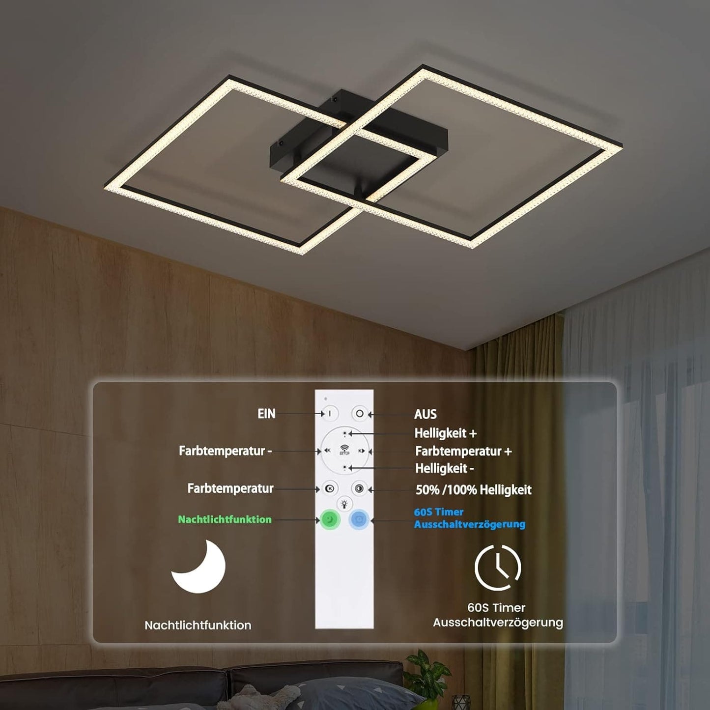 ZMH Deckenlampe LED Wohnzimmer Deckenleuchte: Dimmbar Schwarz Wohnzimmerlampe mit Fernbedienung Schlafzimmerlampe Modern Design K¨¹chenlampe 52W Flurlampe f¨¹r Schlafzimmer K¨¹che Flur Esszimmer