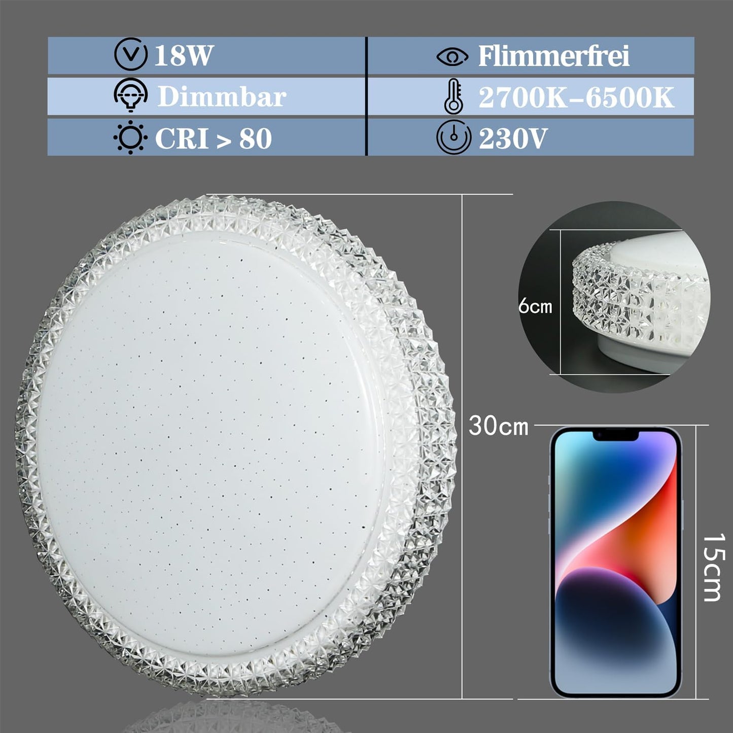 ZMH LED Deckenleuchte Dimmbar Deckenlampe mit Fernbedienung - 18W Schlafzimmerlampe mit Fernbedienung ?30cm Kristall Modern Sternenhimmel Rund Deckenbeleuchtung f¨¹r Schlafzimmer Wohnzimmer K¨¹che Flur