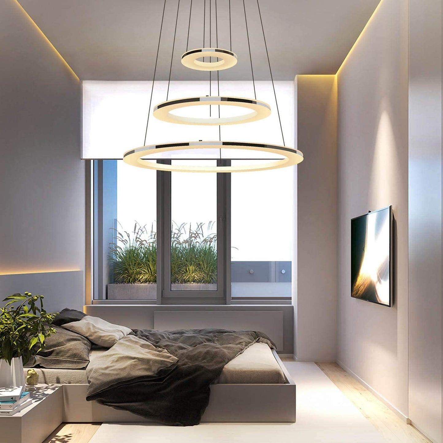 ZMH Moderne LED Pendelleuchte esstisch 60 W Led 3-Ring led dimmbar Fernbedienung H?ngeleuchte Wohnzimmer Deckenleuchte Schlafzimmer H?henverstehbar H?ngelampe Kronleuchte