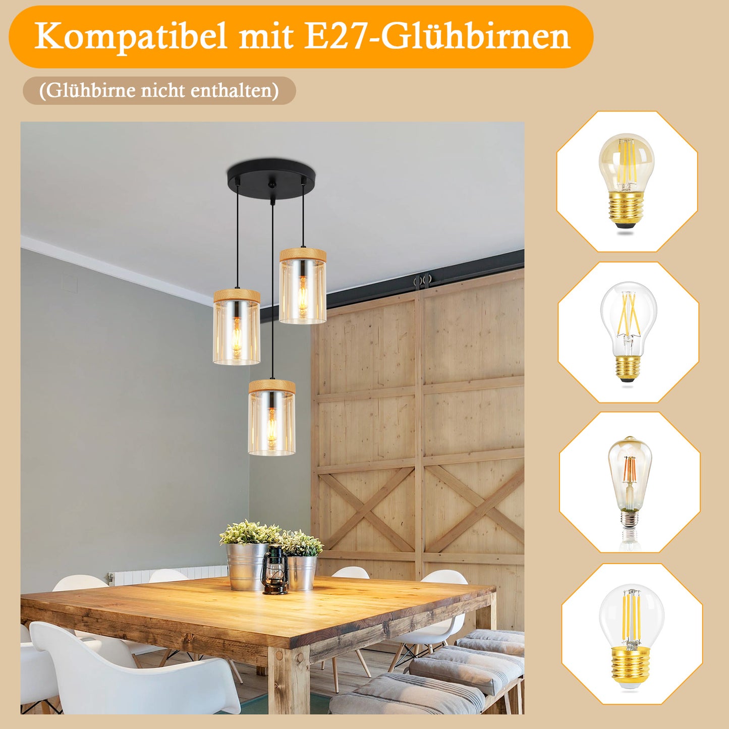 Pendelleuchte Esstisch Esszimmerlampe H?ngend - H?ngelampe Wohnzimmer Glas Esstischlampe Schlafzimmer 3 Flammig E27 H?ngeleuchte Vintage Pendellampe H?henverstellbar f¨¹r K¨¹che(ohne Leuchtmittel)
