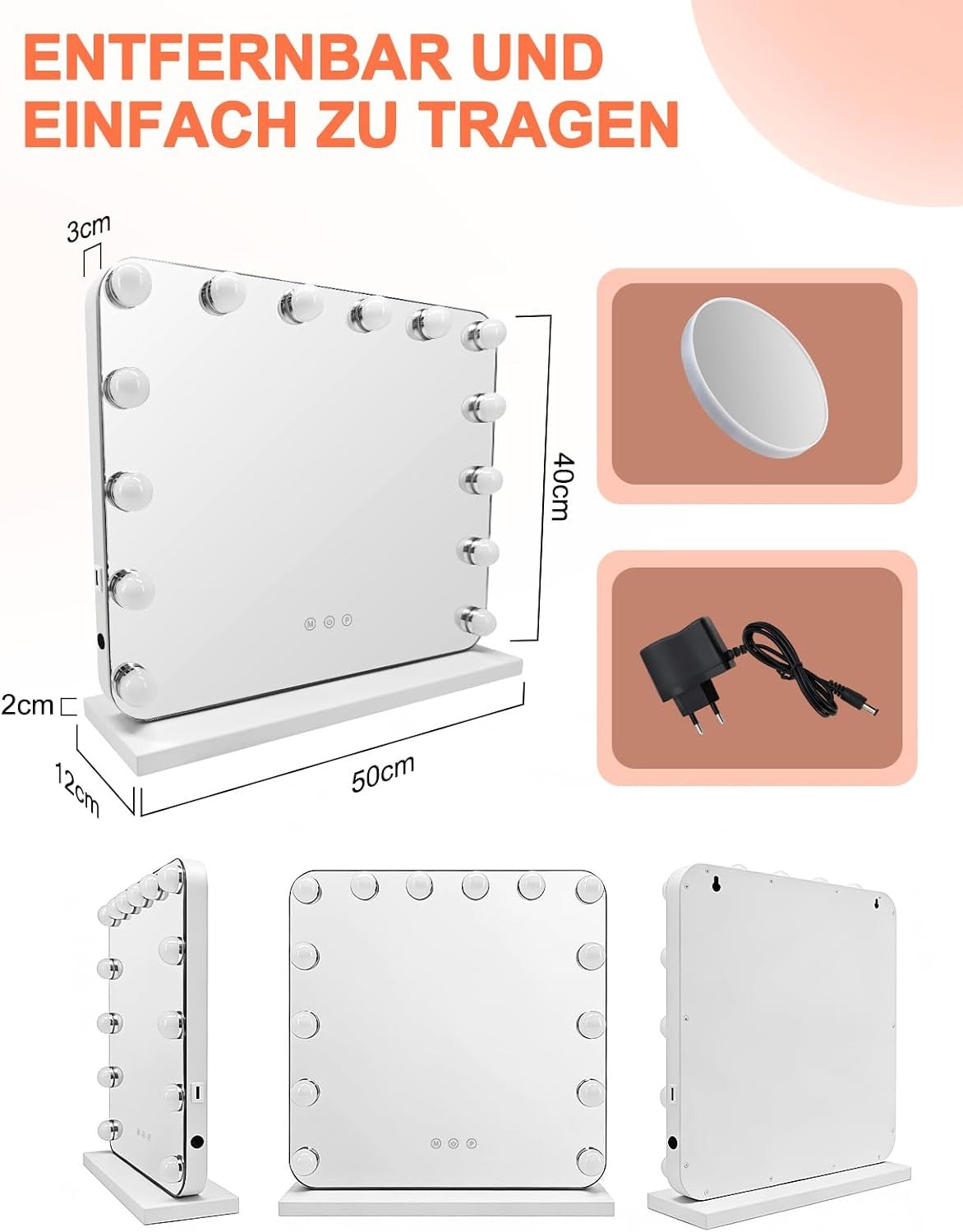 ZMH Hollywood Schminkspiegel Spiegel mit Beleuchtung - 50×40CM LED Vanity Mirror Klein Kosmetikspiegel mit Licht Tischspiegel 3 Modi Schminktischspiegel Touch Dimmbar