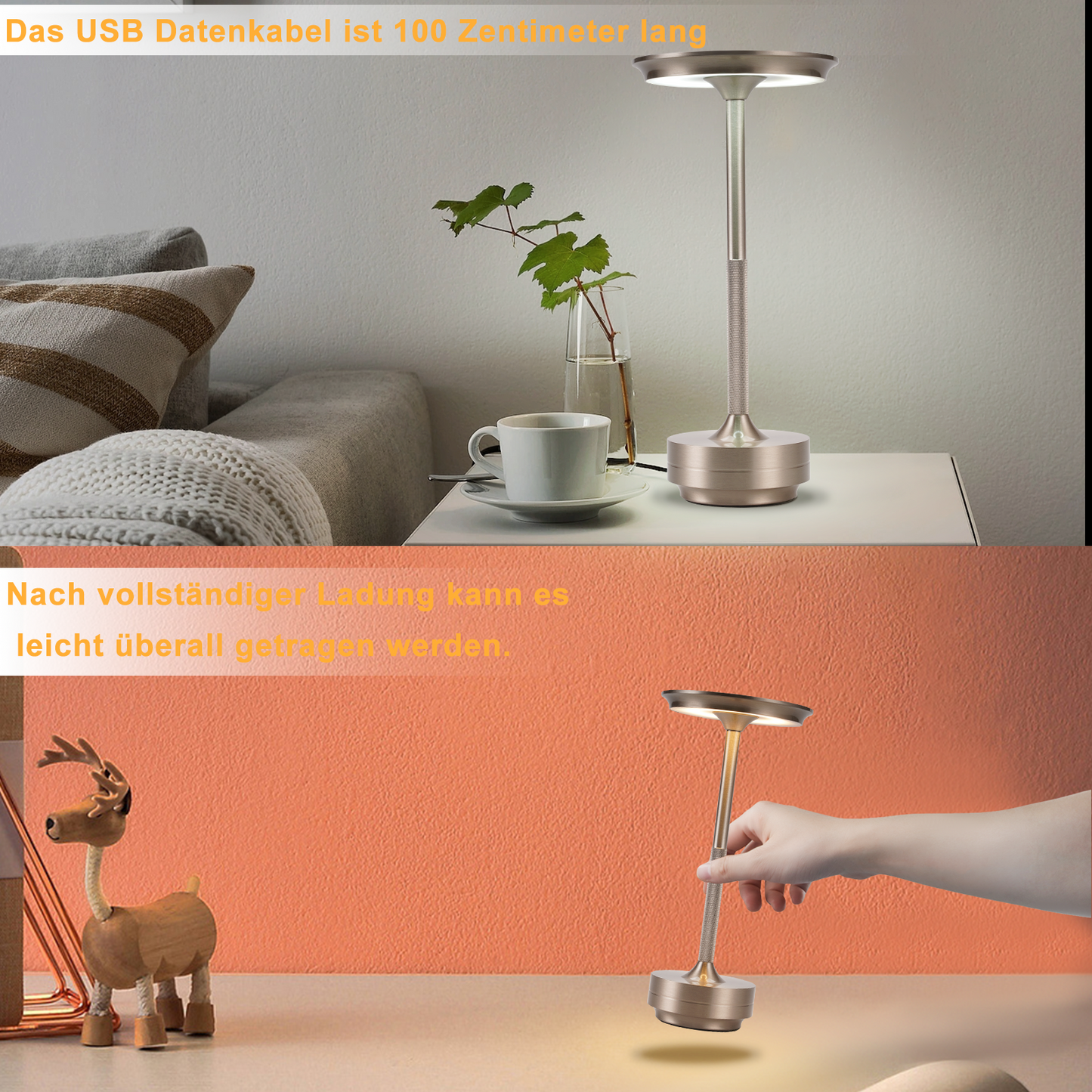 Nachttischlampe Kabellos Tischlampe Akku - LED Tischleuchte Touch Dimmbar Lampe mit USB Aufladbar Batterie Tischlampen Nickel f¨¹r Modern Fensterbank Wohnzimmer Kinderzimmer Schlafzimmer