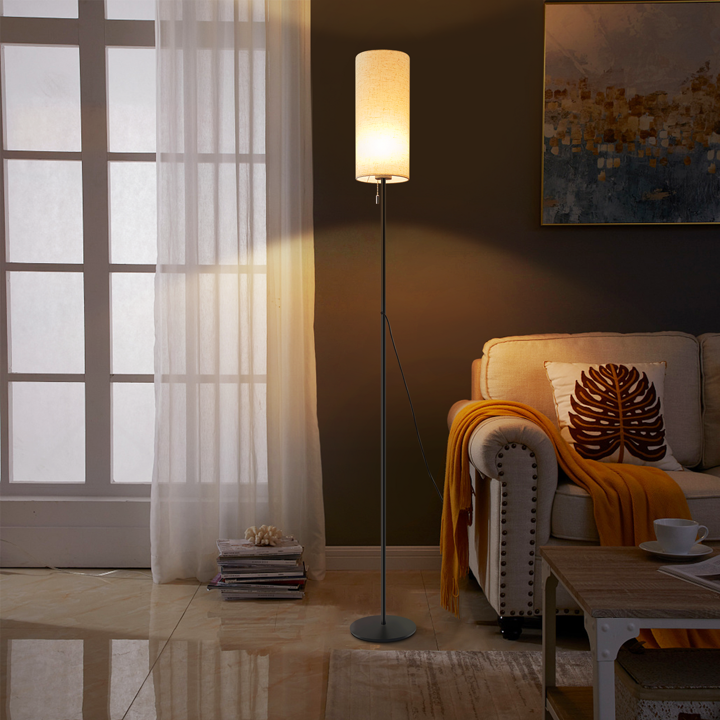 ZMH Stehlampe Wohnzimmer Dimmbar Stehleuchte: LED Standleuchte 3 Farbtemperaturen Vintage Beige Lampenschirm Standlampe mit Seilzugschalter Retro Stoff Leselampe f¨¹r Schlafzimmer Esszimmer B¨¹ro