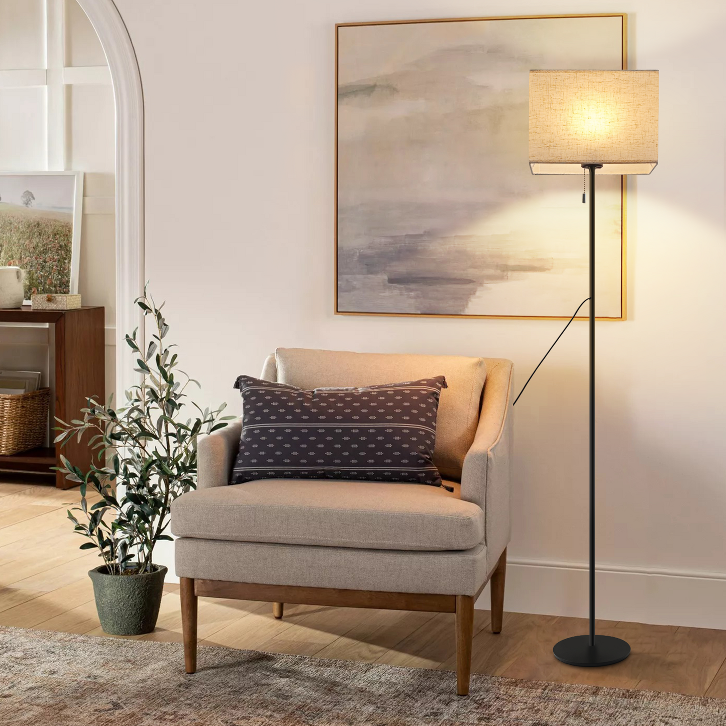 ZMH Stehlampe Wohnzimmer Vintage Stehleuchte: LED Dimmbar Standleuchte 134cm Standlampe Beige Lampenschirm 3000K-6500K Wohnzimmerlampe Seilzugschalter Retro Stoff Leselampe f¨¹r Schlafzimmer B¨¹ro