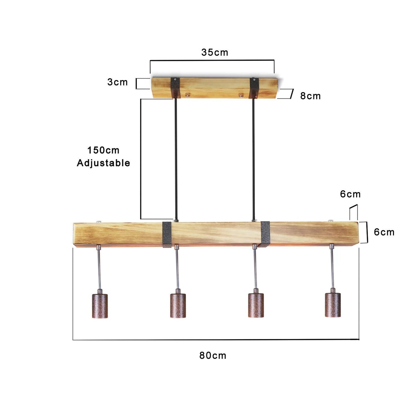 ZMH Vintage Pendelleuchte Holz Esstischlampe Retro H?ngeleuchte mit 80CM Holzbalken 4 x E27 max. 25 Watt H?ngelampe Industrial Pendellampe f¡§1r Esszimmer K¡§1che Wohnzimmer Bar Restaurant