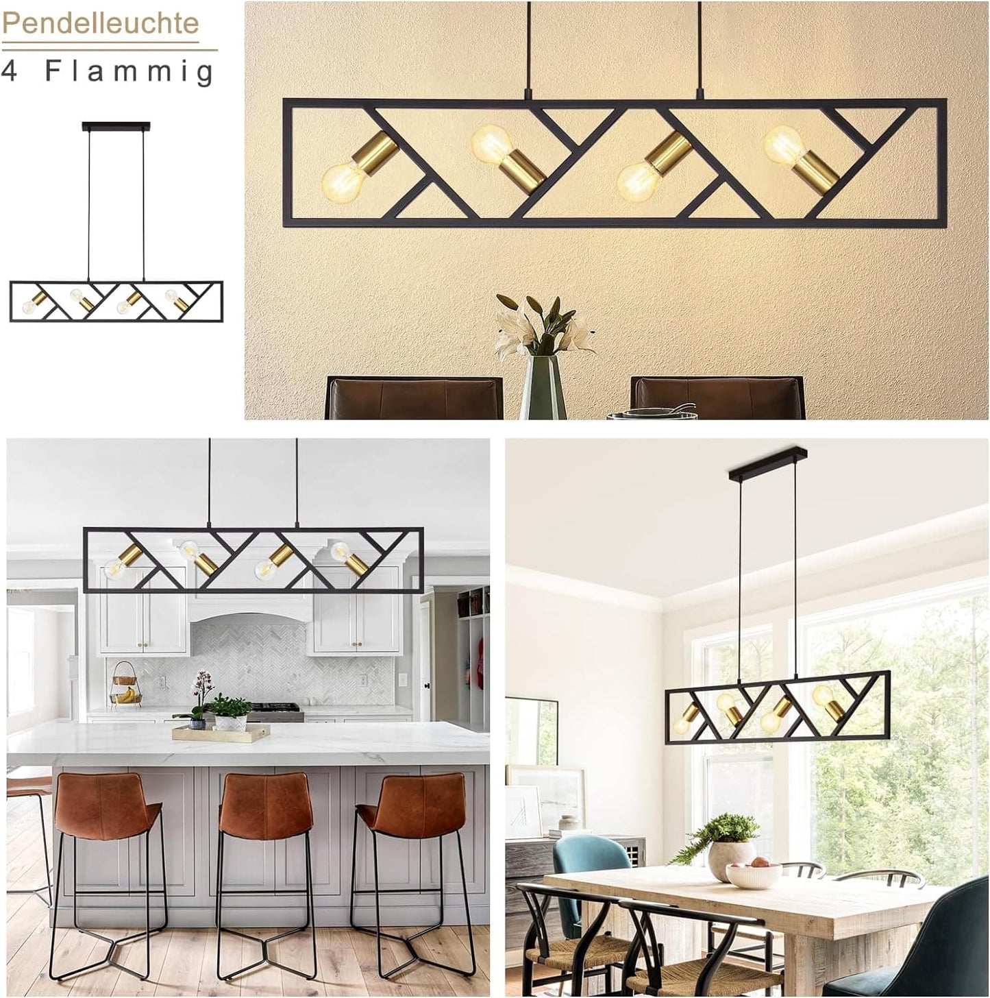 ZMH Pendelleuchte Esszimmer H?ngelampe 4 Flammig - H?ngeleuchte Schwarz Vintage E27 H?ngend Eckig Modern Pendellampe H?henverstellbar Metall f¨¹r Wohnzimmer Schlafzimmer Arbeitszimmer K¨¹che