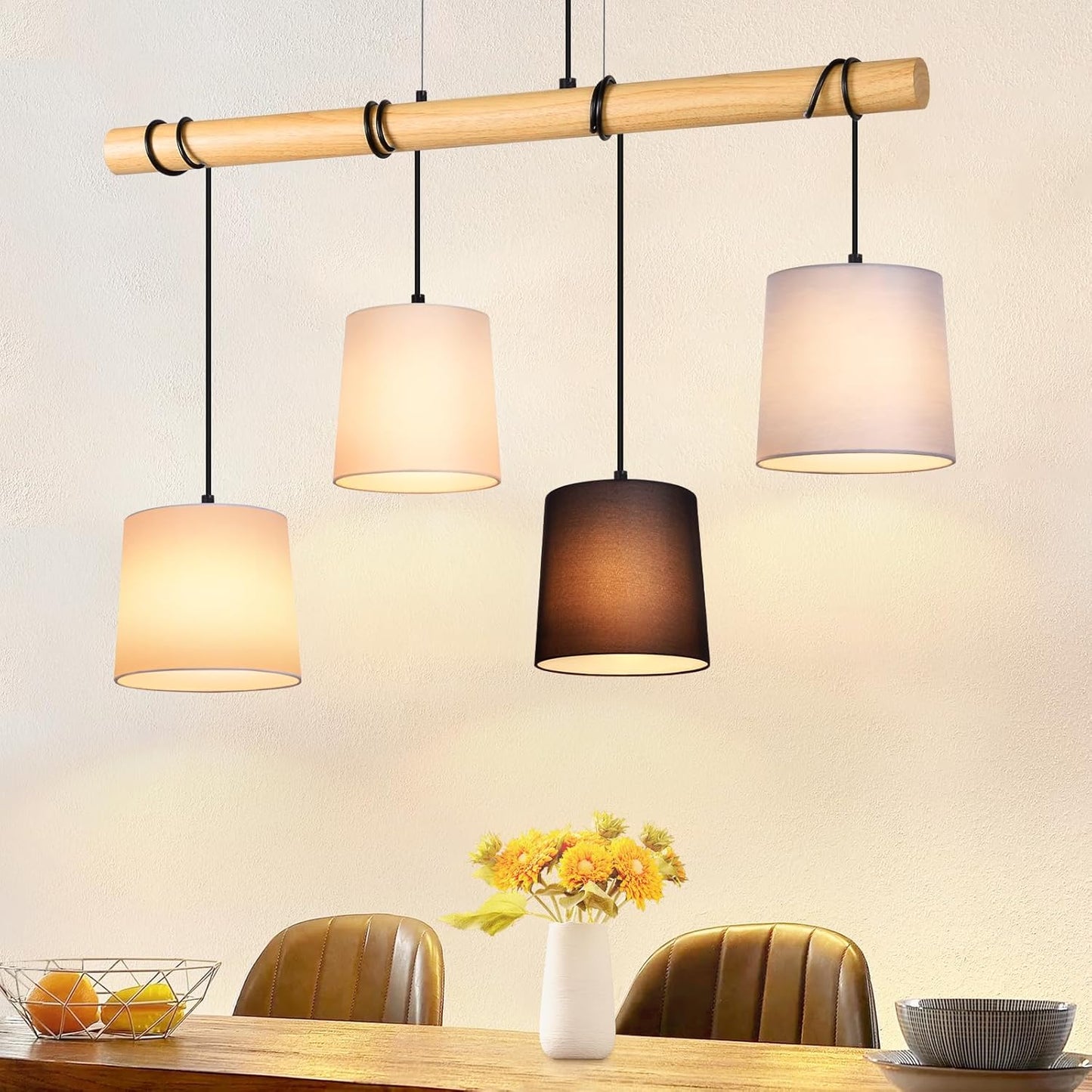 ZMH Pendelleuchte Esstisch H?ngelampe Vintage - Esszimmerlampe Holz E14 H?ngeleuchte 4 Flammig K¨¹che Wei? Esstischlampe aus Stoff Pendellampe Metall f¨¹r Esszimmer Wohnzimmer Arbeitzimmer B¨¹ro