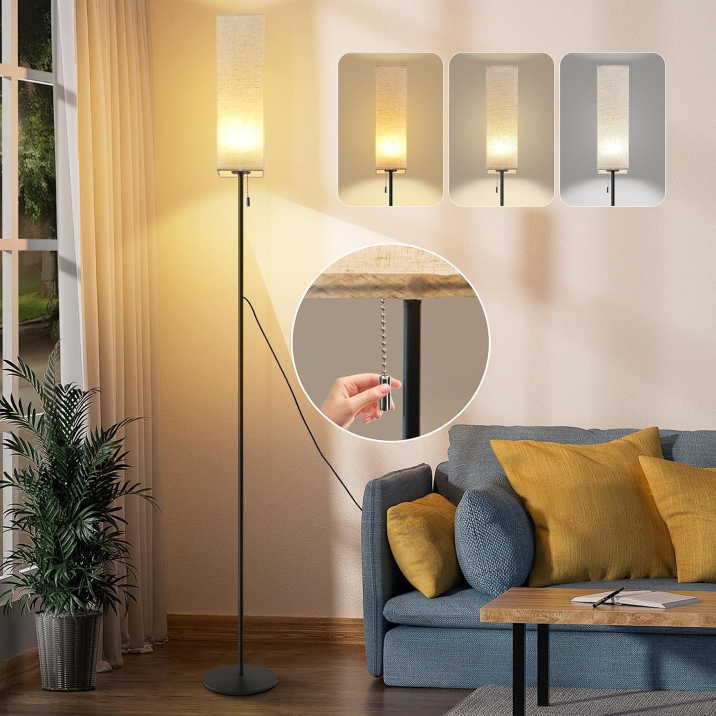 ZMH Stehlampe Wohnzimmer LED Stehleuchte: Dimmbar Standleuchte Vintage Standlampe Beige Lampenschirm 3000K-6500K Wohnzimmerlampe Seilzugschalter Retro Stoff Leselampe f¨¹r Schlafzimmer B¨¹ro