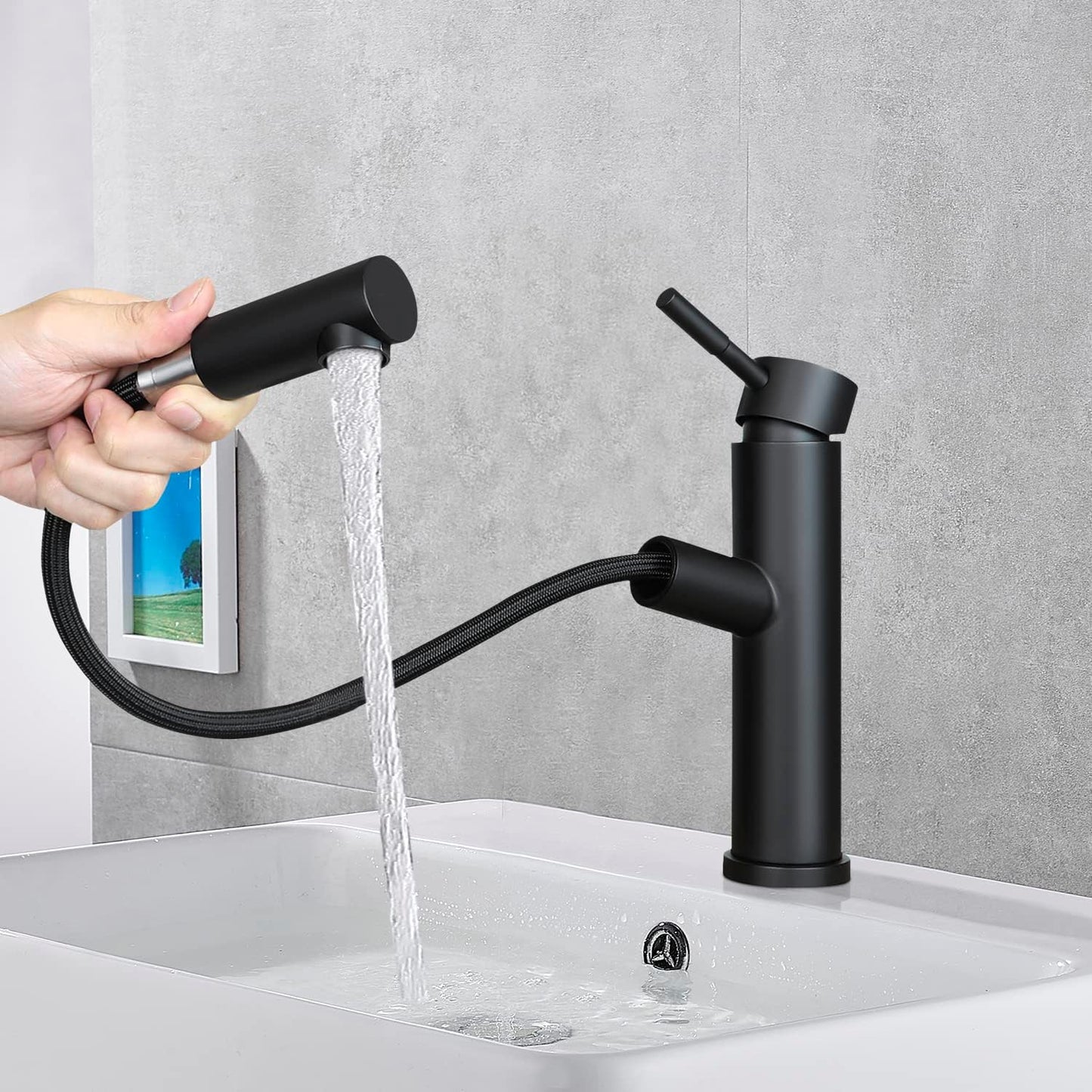 ZMH Wasserhahn bad Waschtischarmatur waschbecken - schwarz Armatur mit herausziehbarer brause Ausziehbar Armaturen Mischbatterie niederdruck Kaltwasserhahn Badarmatur einhebelmischer zugstange