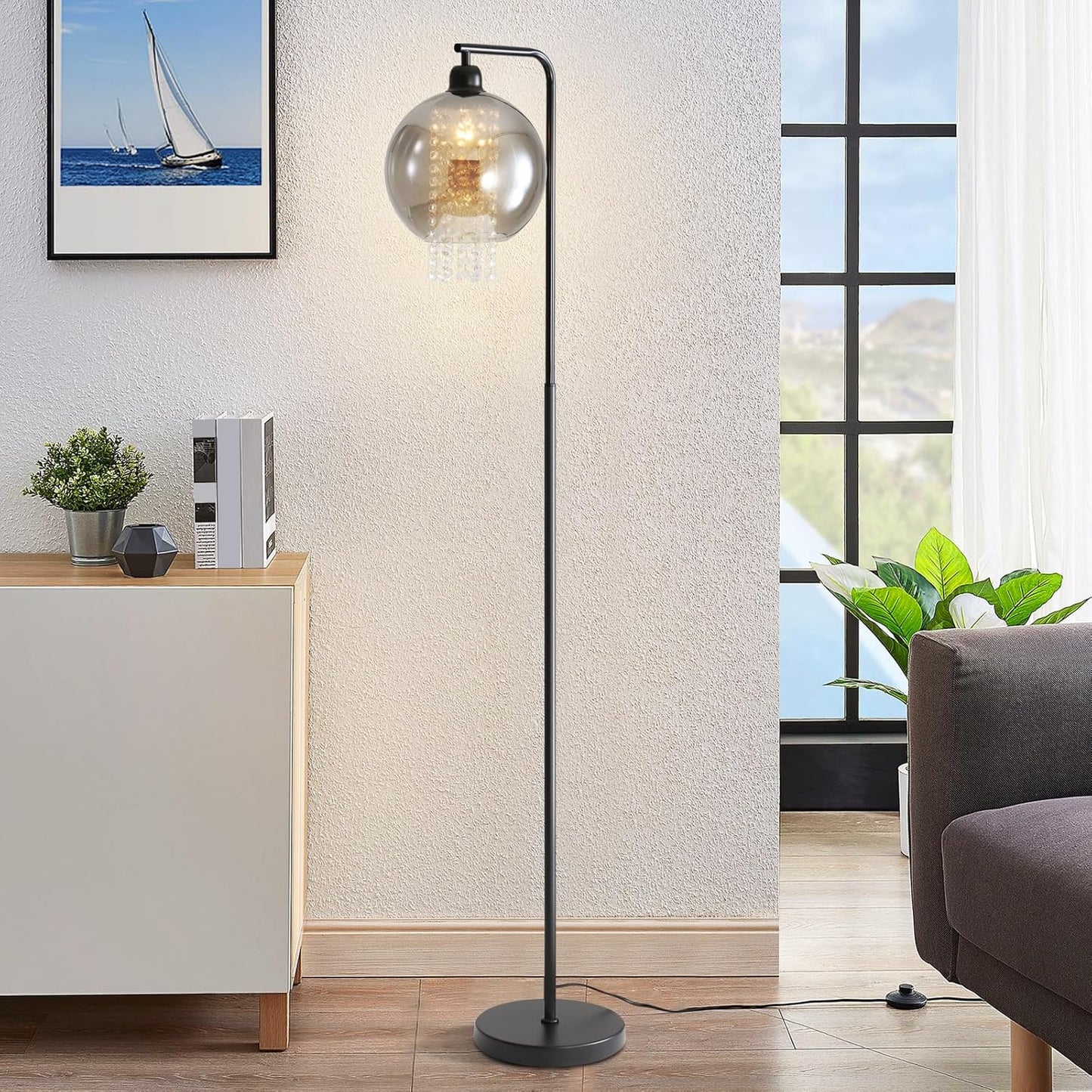 ZMH Stehlampe Wohnzimmer Stehleuchte Schlafzimmer - E27 Standleuchte Rauchgrau Gro? Standlampe Modern mit Fu?schalter Design Glaskugel Glas Kristall f¨¹r B¨¹ro Sofa Kinderzimmer Hotel(Ohne Leuchtmittel)
