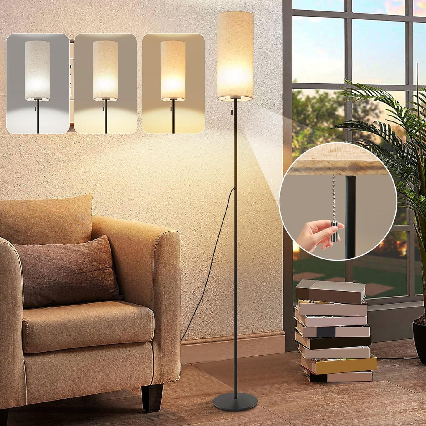 ZMH Stehlampe Wohnzimmer Dimmbar Stehleuchte: LED Standleuchte 3 Farbtemperaturen Vintage Beige Lampenschirm Standlampe mit Seilzugschalter Retro Stoff Leselampe f¨¹r Schlafzimmer Esszimmer B¨¹ro