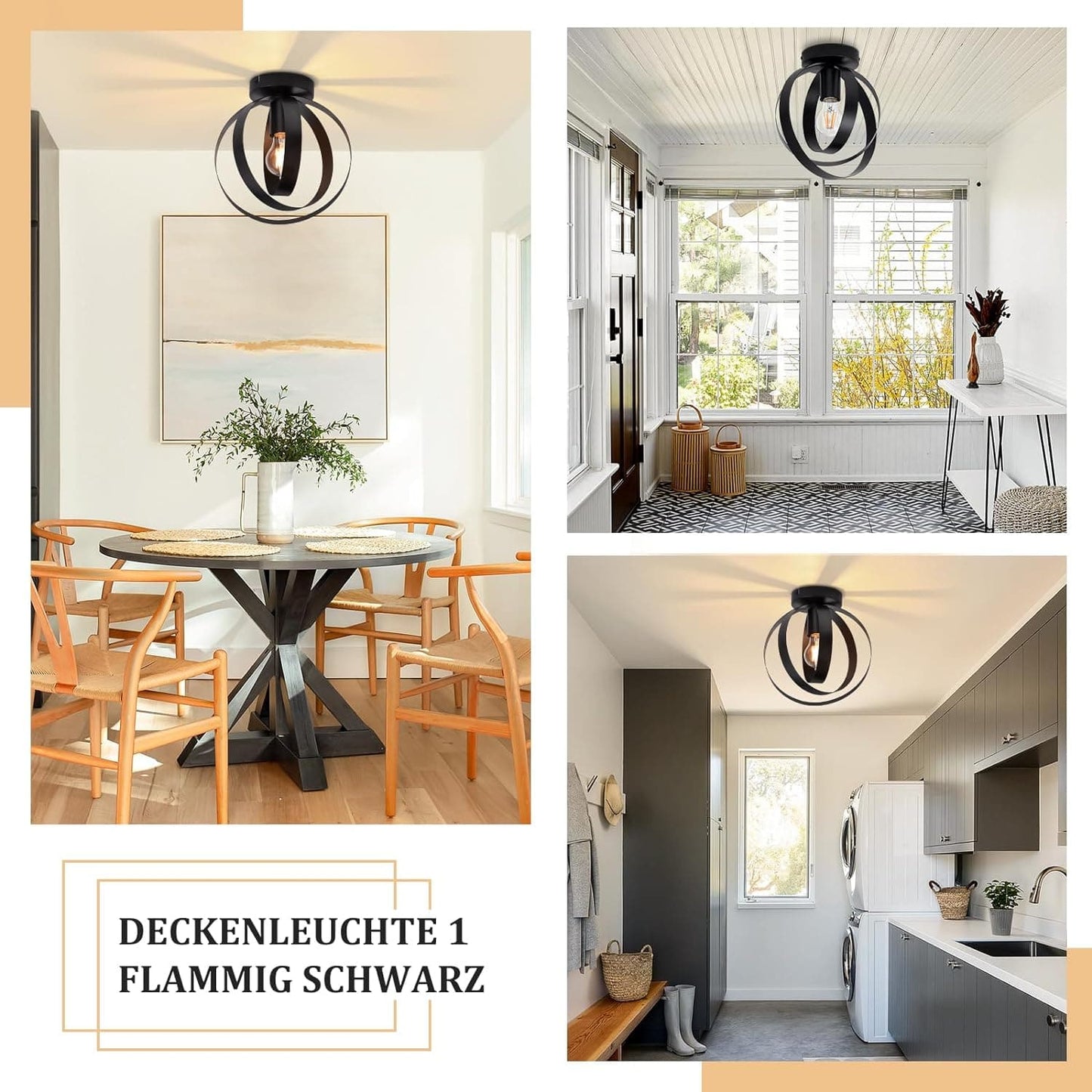 ZMH Deckenleuchte Industrial Schwarz Deckenlampe - Flurlampe Vintage Metall Innen E27 Fassung Retro Schwenkbar Lampenschirm Beleuchtung f¨¹r Flur Gang Korridor Schlafzimmer Esszimmer Max.40W