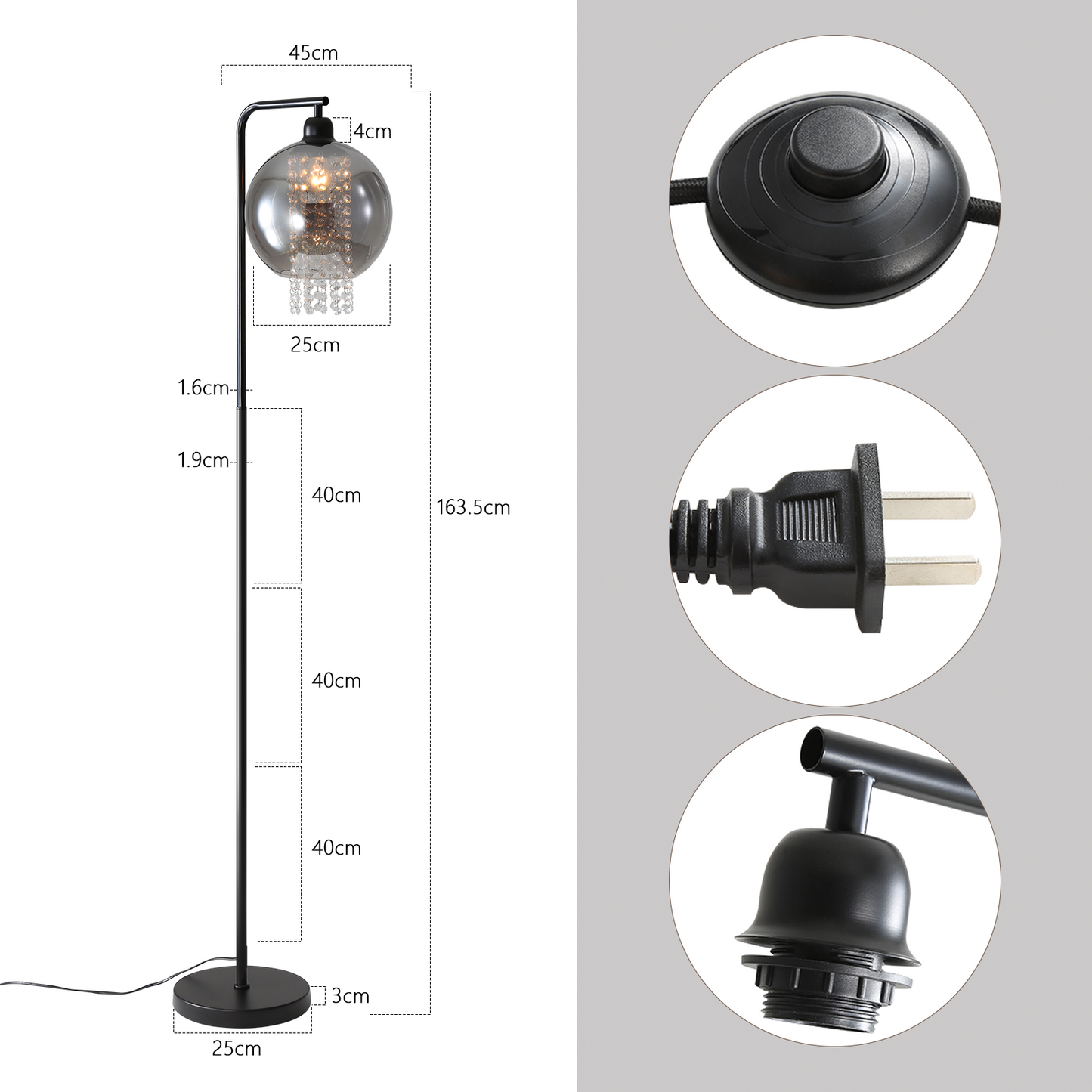 ZMH Stehlampe Wohnzimmer Stehleuchte Schlafzimmer - E27 Standleuchte Rauchgrau Gro? Standlampe Modern mit Fu?schalter Design Glaskugel Glas Kristall f¨¹r B¨¹ro Sofa Kinderzimmer Hotel(Ohne Leuchtmittel)