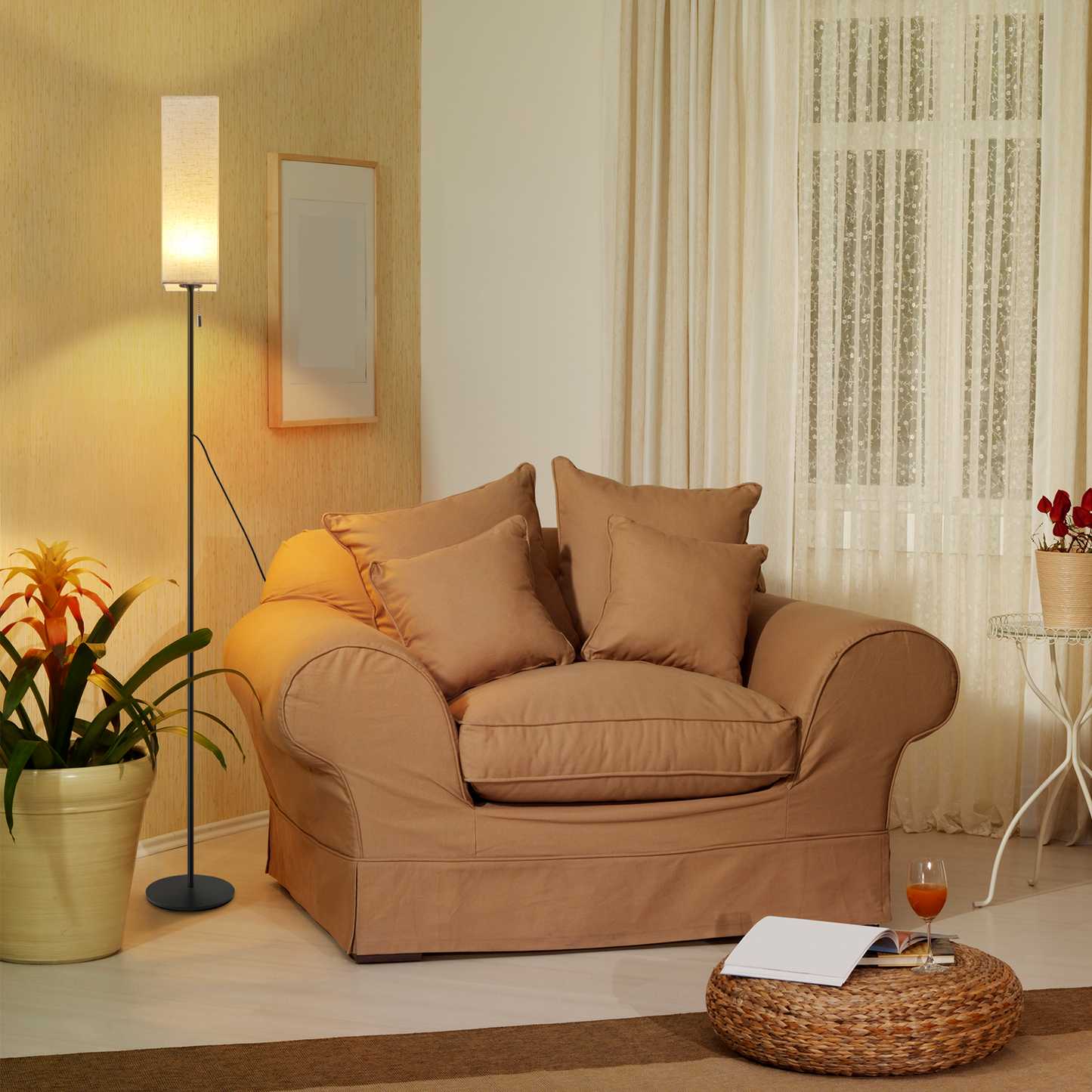 ZMH Stehlampe Wohnzimmer LED Stehleuchte: Dimmbar Standleuchte Vintage Standlampe Beige Lampenschirm 3000K-6500K Wohnzimmerlampe Seilzugschalter Retro Stoff Leselampe f¨¹r Schlafzimmer B¨¹ro