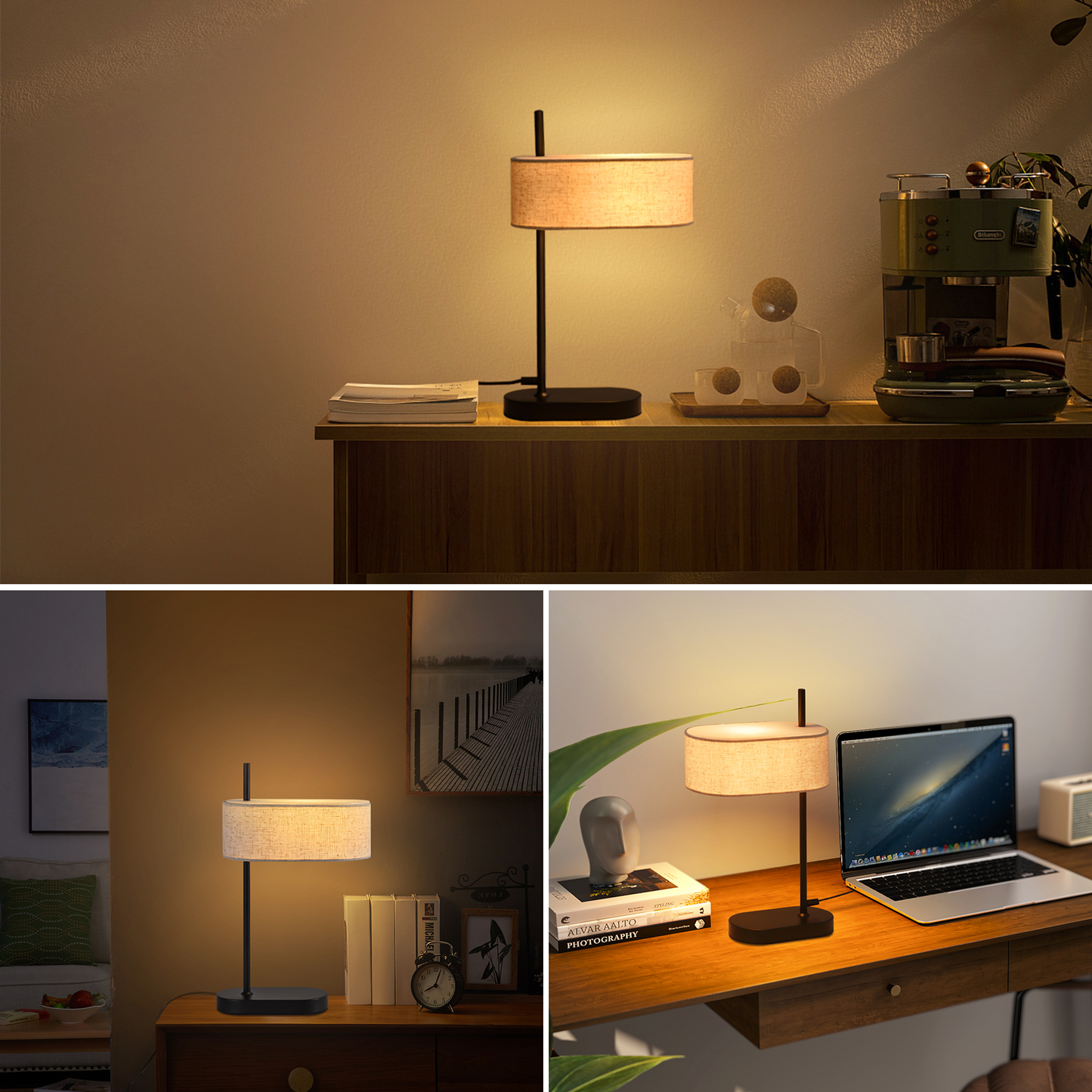 ZMH Nachttischlampe Schlafzimmer Tischlampe Vintage - 2er 44.5cm E14 Schwarz Tischleuchte Leinen Stoffschirm mit Schalter Kabel Retro f¨¹r Wohnzimmer B¨¹ro (ohne Leuchtmittel)