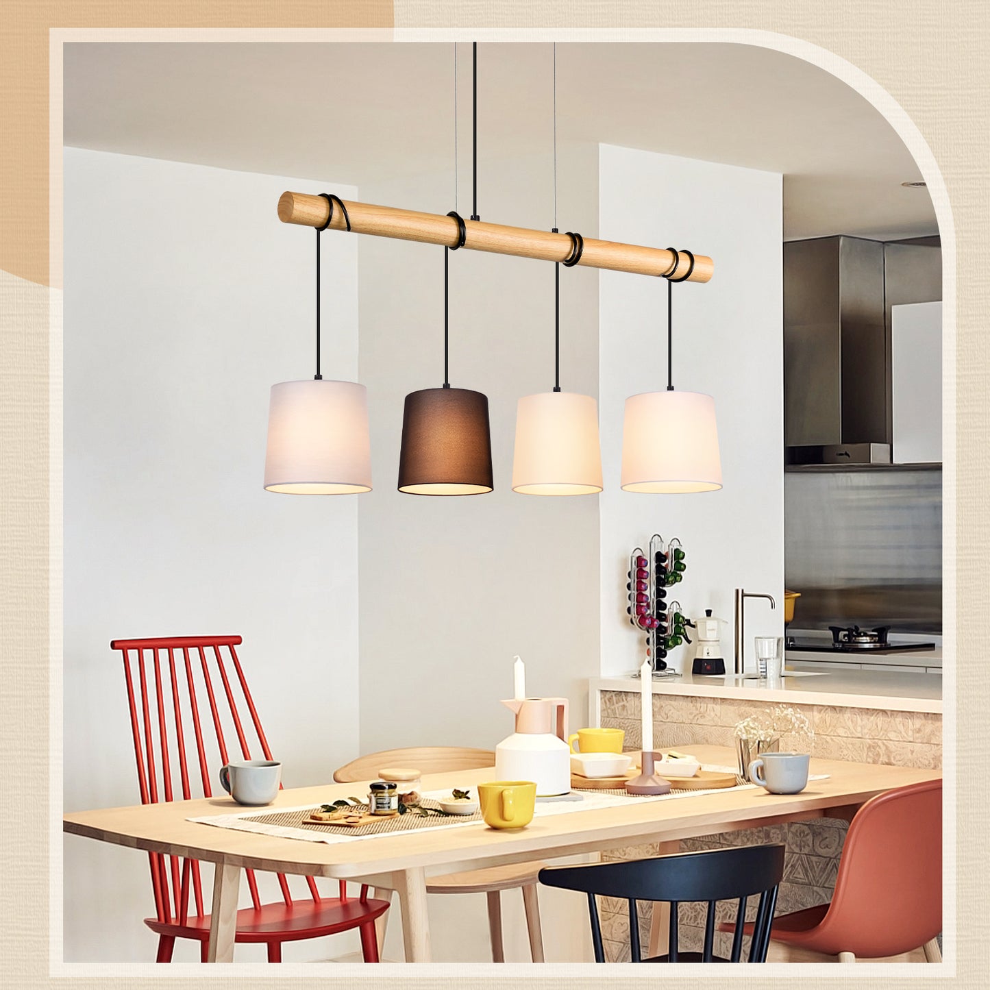 ZMH Pendelleuchte Esstisch H?ngelampe Vintage - Esszimmerlampe Holz E14 H?ngeleuchte 4 Flammig K¨¹che Wei? Esstischlampe aus Stoff Pendellampe Metall f¨¹r Esszimmer Wohnzimmer Arbeitzimmer B¨¹ro