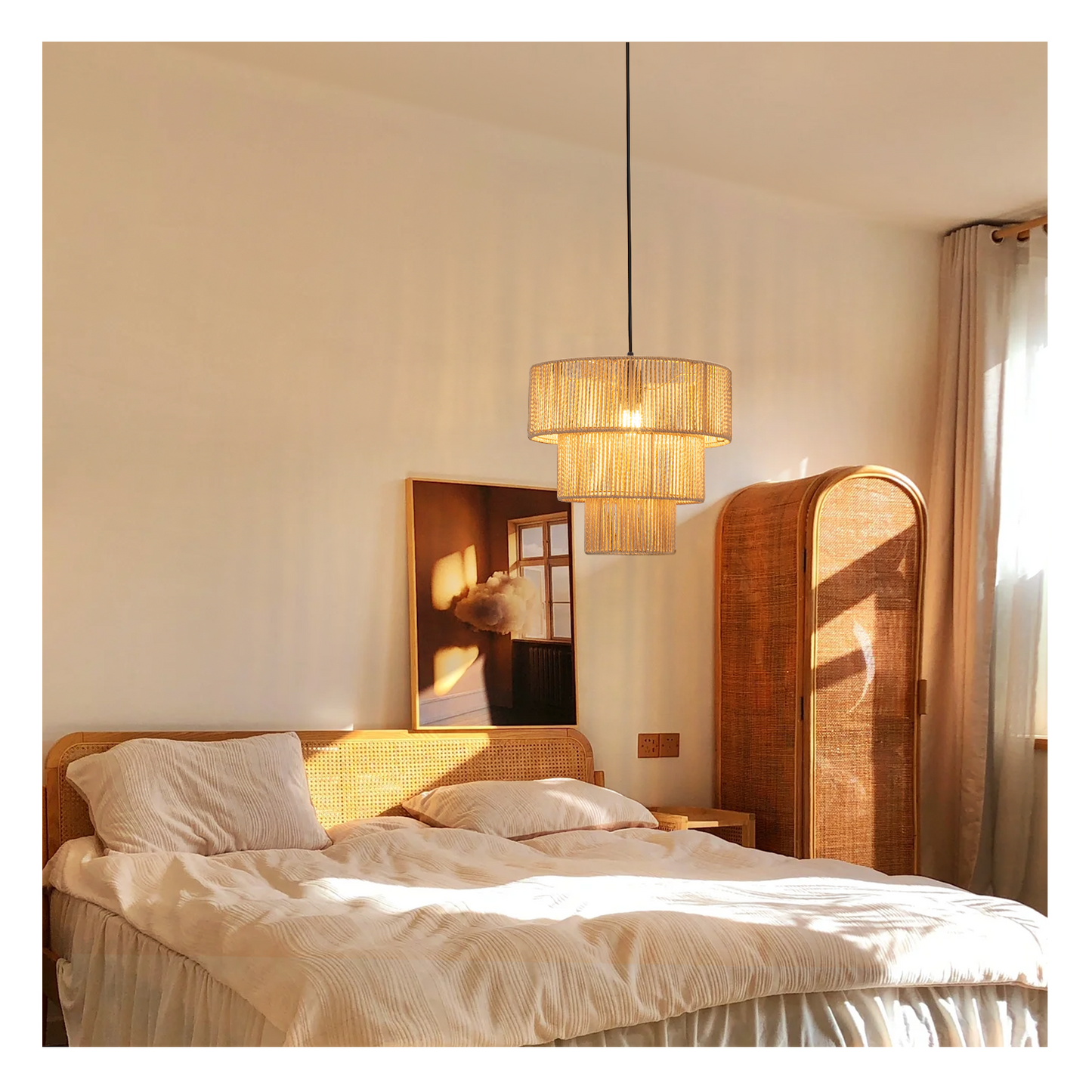 ZMH H?ngelampe Esstisch Pendelleuchte Wohnzimmer: Rattan Boho H?ngeleuchte Schlafzimmer ?35cm Esstischlampe H?ngend 1-flammig Esszimmerlampe E27 Pendellampe f¨¹r K¨¹che Flur Bar Resturant