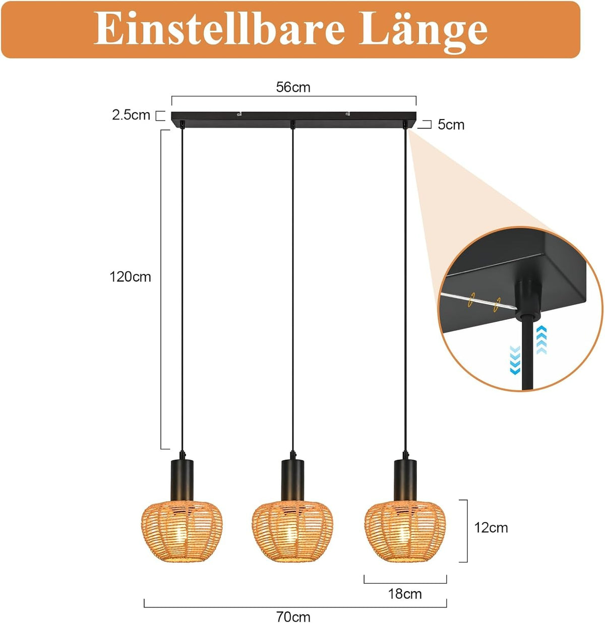 ZMH Hängelampe Boho Pendelleuchte Rattan 3-1 Flammig Esstischlampe