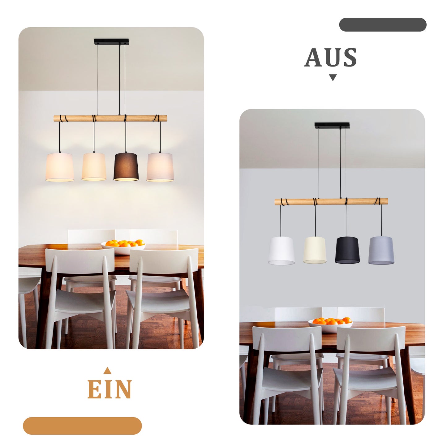 ZMH Pendelleuchte Esstisch H?ngelampe Vintage - Esszimmerlampe Holz E14 H?ngeleuchte 4 Flammig K¨¹che Wei? Esstischlampe aus Stoff Pendellampe Metall f¨¹r Esszimmer Wohnzimmer Arbeitzimmer B¨¹ro