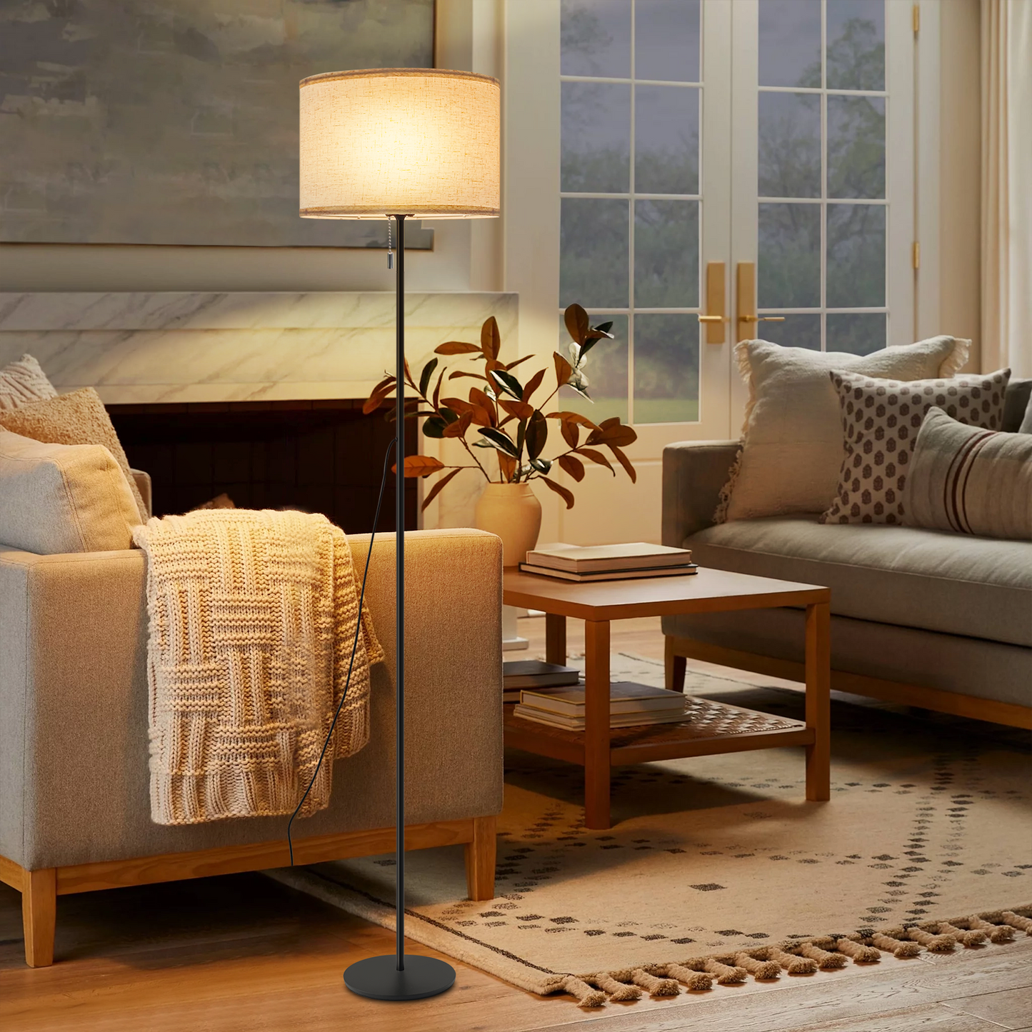 ZMH Stehlampe Wohnzimmer Vintage Stehleuchte: LED Dimmbar Standleuchte 136cm Standlampe Beige Lampenschirm 3000K-6500K Wohnzimmerlampe Seilzugschalter Retro Stoff Leselampe f¨¹r Schlafzimmer B¨¹ro