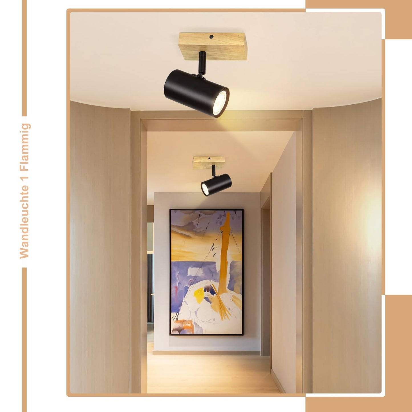ZMH Deckenstrahler 1 Flammig Deckenleuchte Holz - Deckenlampe Flur Schwarz Metall Modern GU10 350¡ãDeckenspot Drehbar f¨¹r Wohnzimmer Schlafzimmer K¨¹che,Ohne Leuchtmittel Max.40W