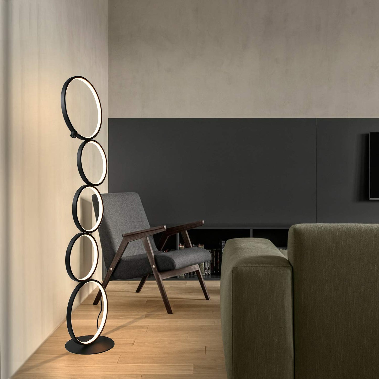 ZMH LED Dimmbar Stehlampe Modern Standlampe 32W Touch Switch Stehleuchte Warmwei? 3000K Aluminium 5-flammig Ringf?rmige Schwarz Standleuchte f¨¹r Schlafzimmer Wohnzimmer Arbeitszimmer