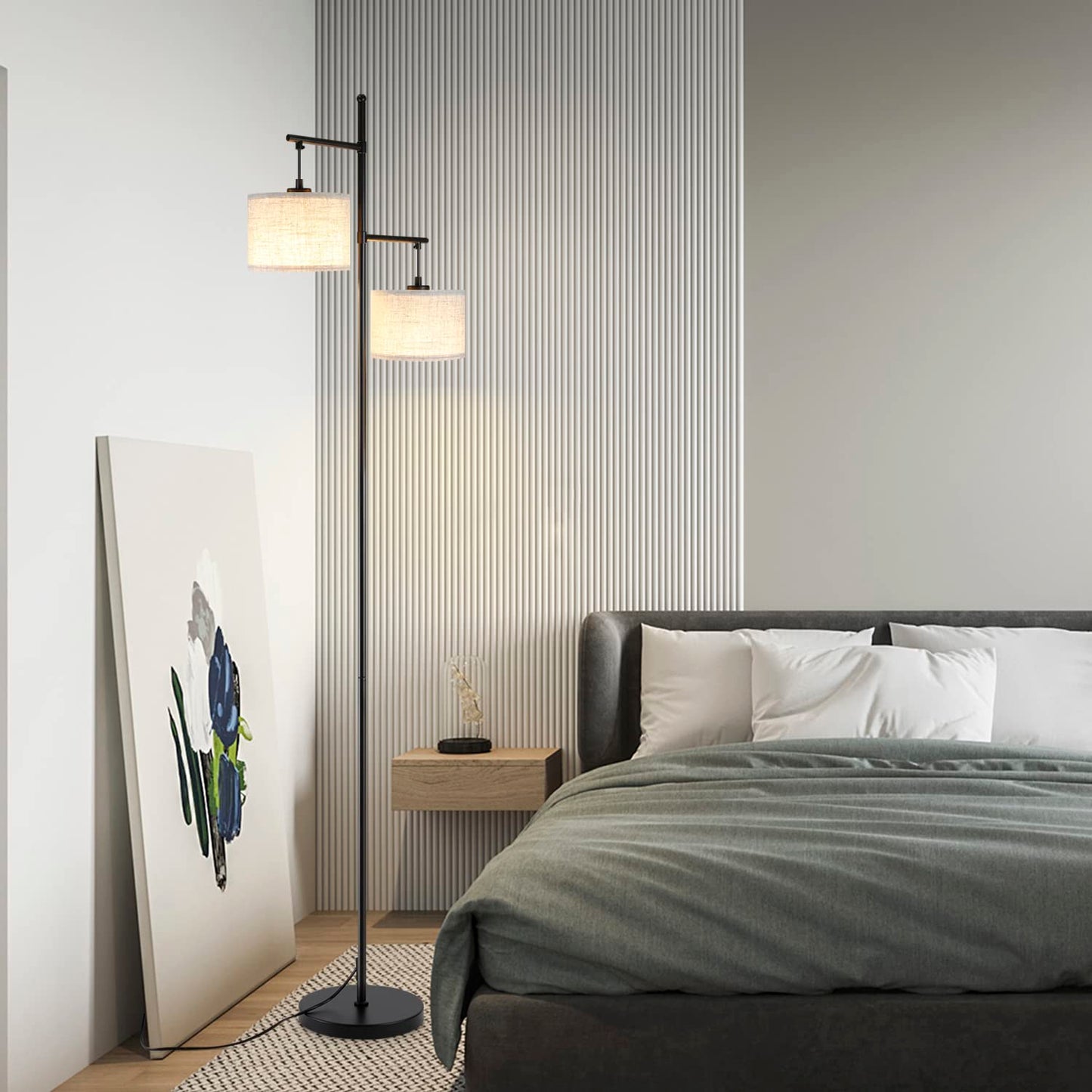 ZMH ZMH Stehlampe Wohnzimmer Modern Stehleuchte - Schwarz E27 Standleuchte Vintage 2 Flammig Bettlampe Wei? Stoff Design Standlampe Boho Deko Leselampe Max.25W mit Fu?schalte f¨¹r B¨¹ro Schlafzimmer