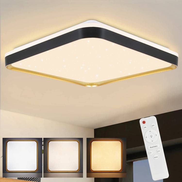 ZMH Deckenlampe LED Deckenleuchte Wohnzimmer - 40cm Wohnzimmerlampe Dimmbar mit Fernbedienung 44W Schlafzimmerlampe Schwarz Gold Schlafzimmer Deckenbeleuchtung Modern Quadratisch f¨¹r K¨¹che Flur