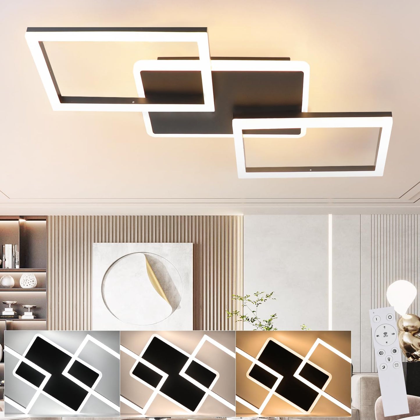 ZMH LED Deckenleuchte Wohnzimmer Deckenlampe - 48W Dimmbar Schlafzimmerlampe Schwarz Flach Design mit Fernbedienung aus Metall Modern K¨¹chenlampe f¨¹r Schlafzimmer Esszimmer K¨¹che Flur Kinderzimmer
