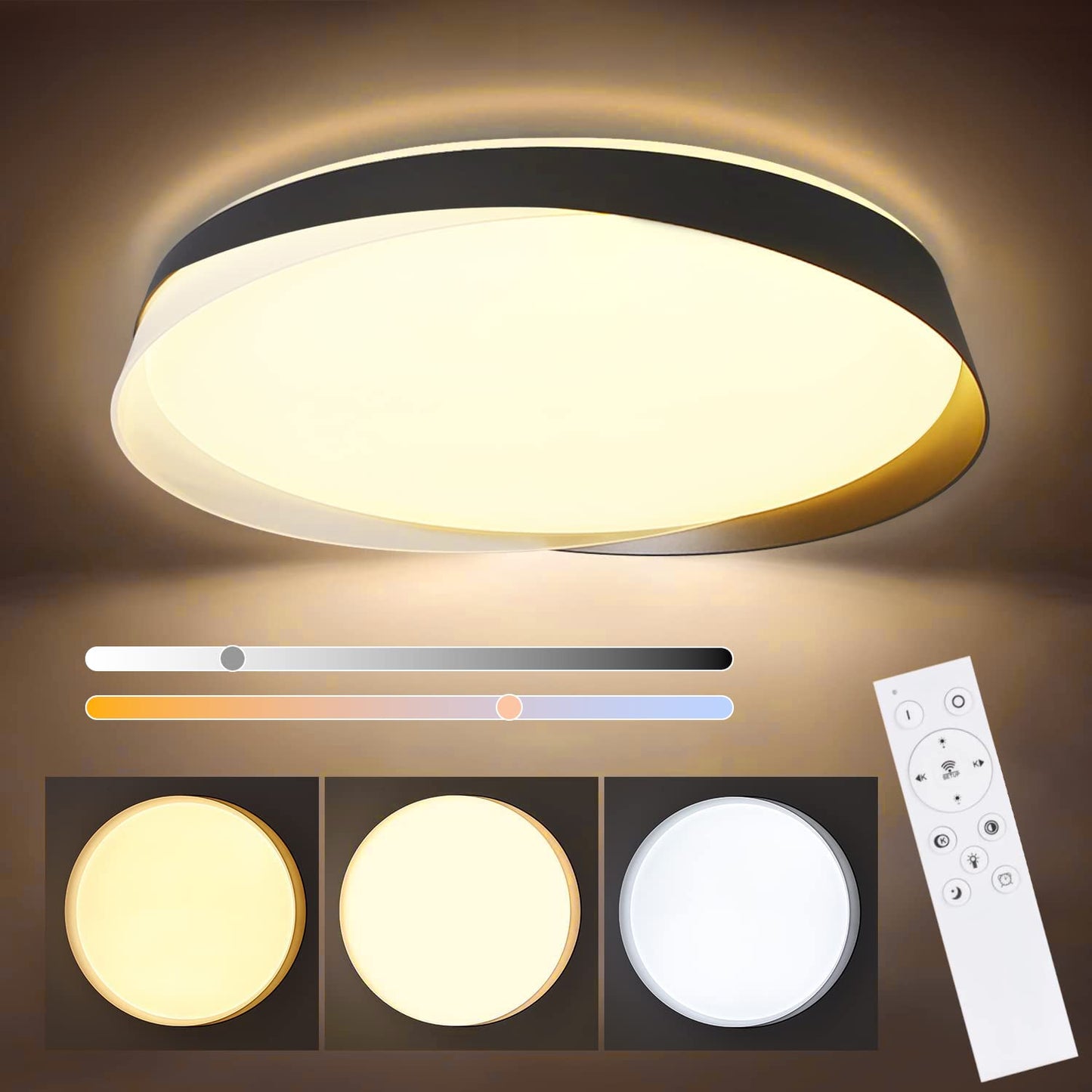 ZMH Deckenlampe LED Deckenleuchte Wohnzimmer - Dimmbar Schlafzimmerlampe Schwarz 36W Wohnzimmerlampe mit Fernbedienung Schlafzimmer Deckenbeleuchtung Rund Modern f¨¹r K¨¹che Flur Esszimmer