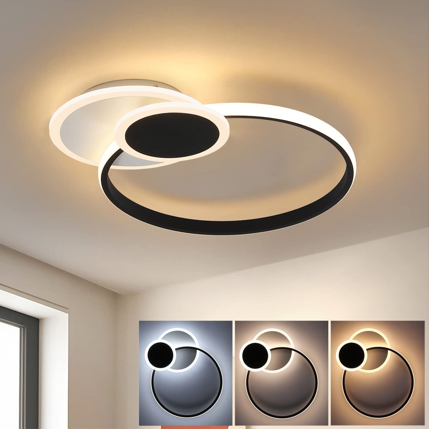 ZMH Deckenlampe LED Deckenleuchte Wohnzimmer - Dimmbar Wohnzimmerlampe 45CM Schwarz mit Fernbedienung 46W Schlafzimmerlampe Modern Design in Wei? f¨¹r Schlafzimmer B¨¹ro K¨¹che Esszimmer