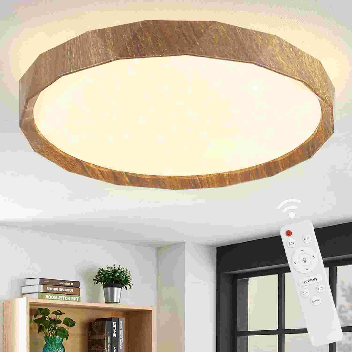 ZMH Deckenlampe LED Deckenleuchte Wohnzimmer - 43W Schlafzimmer Deckenbeleuchtung ?40cm Wohnzimmerlampe Boho Rund Sternenhimmel Dimmbar mit Fernbedienung Modern Holzoptik f¨¹r K¨¹che Flur Esszimmer